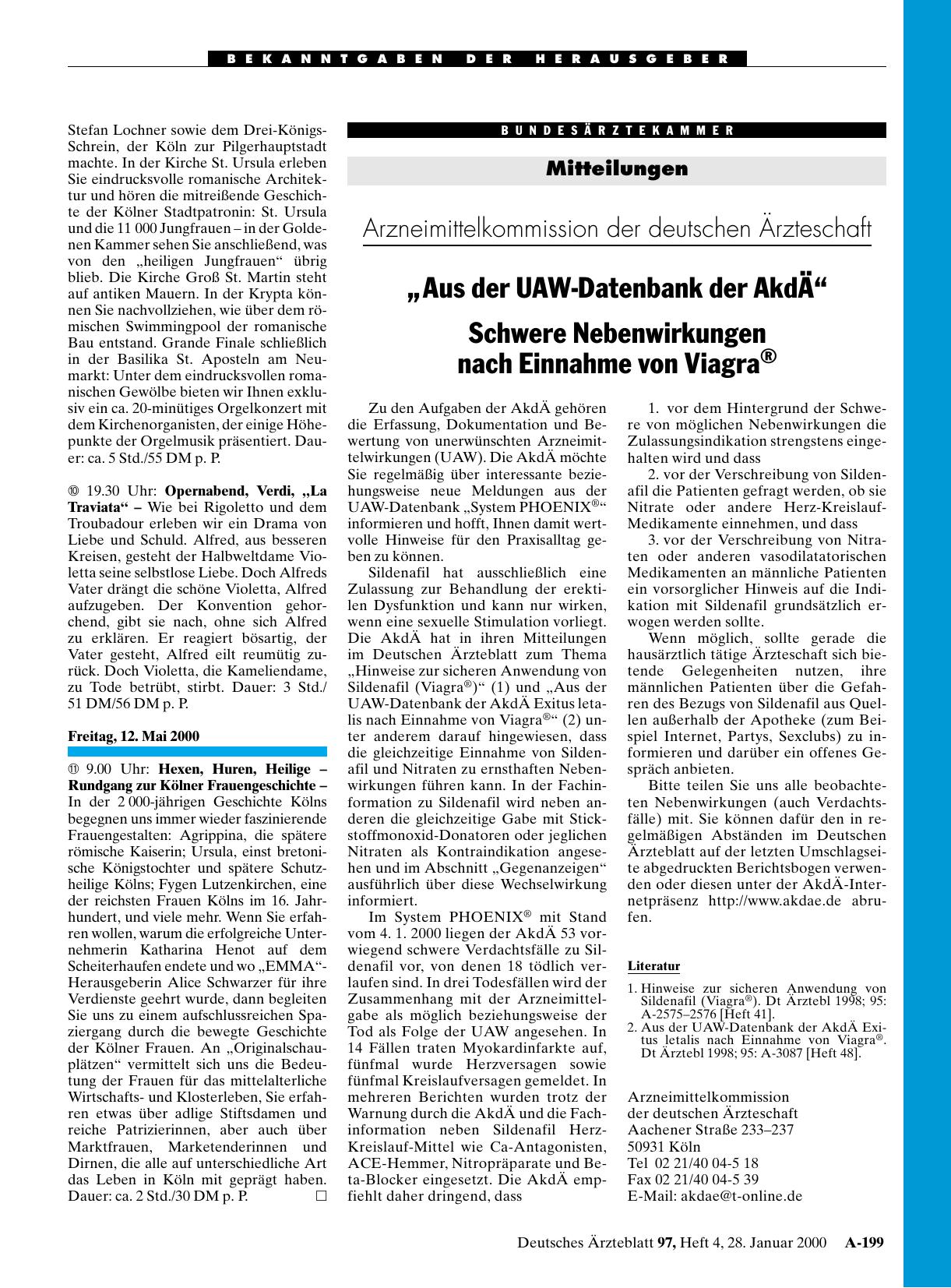 Vorschauseite 1: Arzneimittelkommission der deutschen Ärzteschaft: „Aus der UAW-Datenbank der AkdÄ“ Schwere Nebenwirkungen nach Einnahme von Viagra®