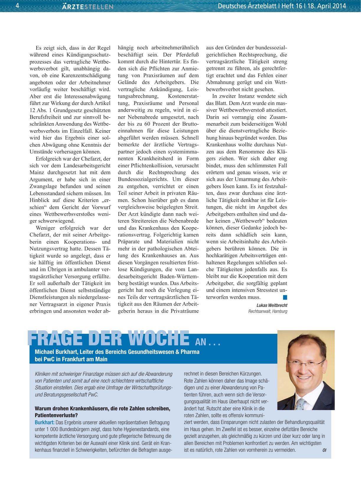 Vorschauseite 1: Frage der Woche an. .. Michael Burkhart, Leiter des Bereichs Gesundheitswesen & Pharma bei PwC in Frankfurt am Main