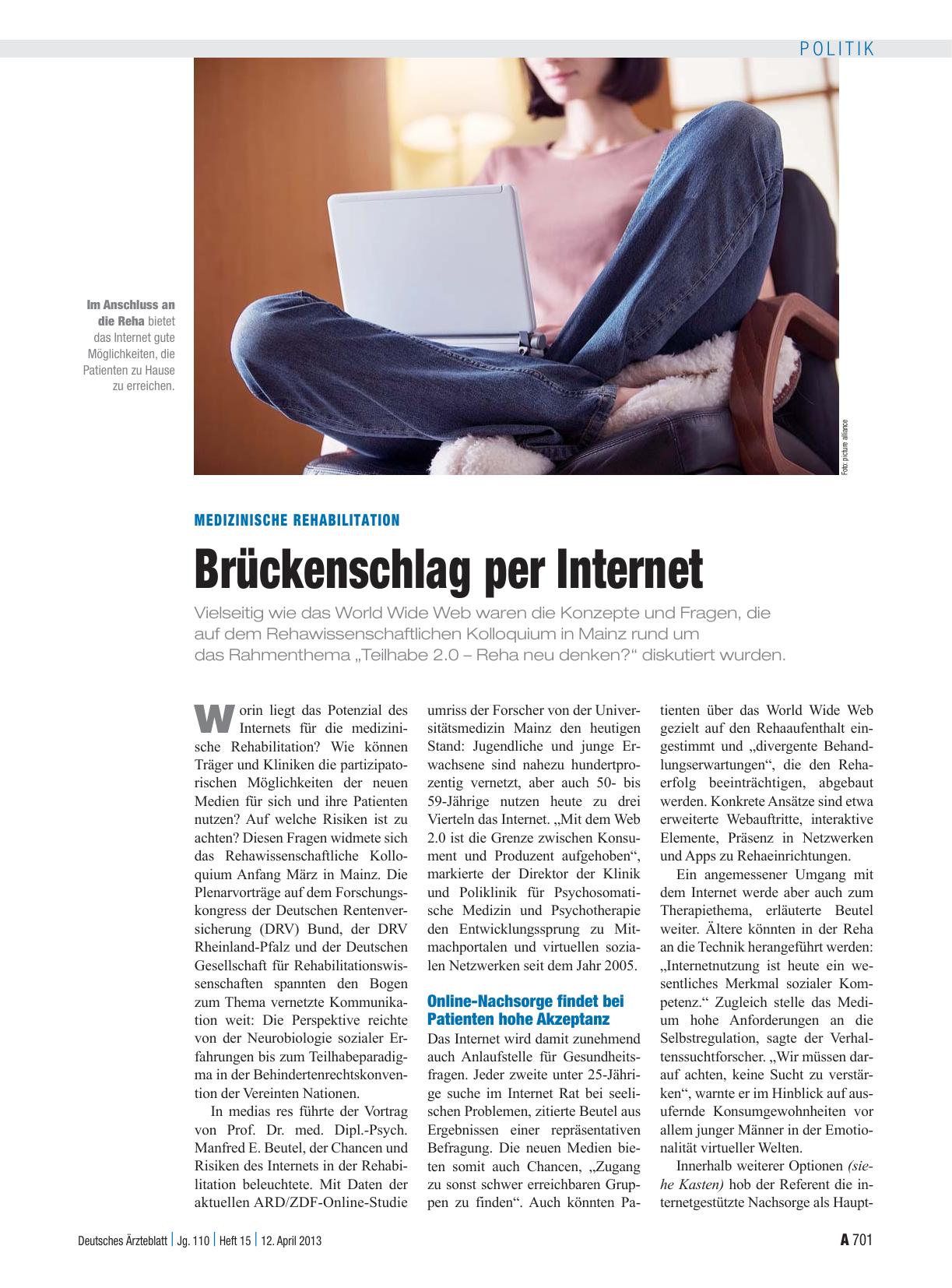 Vorschauseite 1: Medizinische Rehabilitation: Brückenschlag per Internet