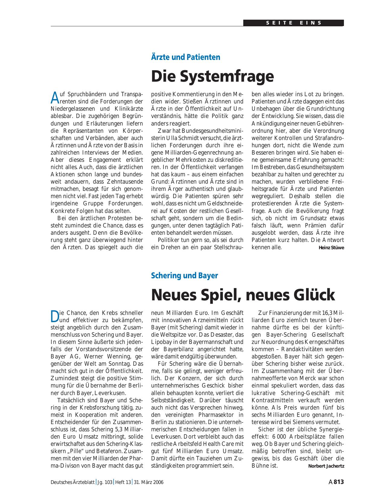 Vorschauseite 1: Schering und Bayer: Neues Spiel, neues Glück
