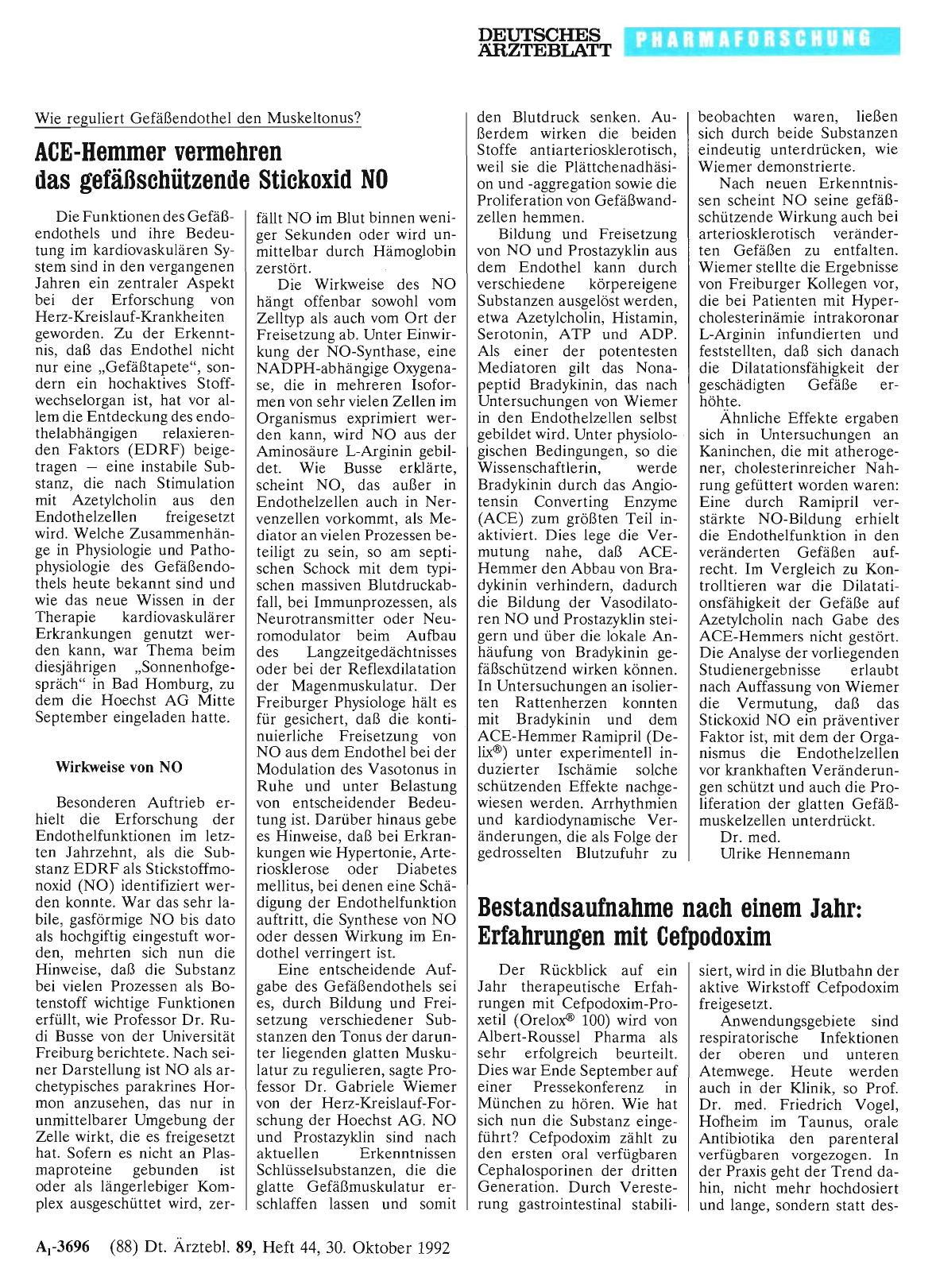 Vorschauseite 1: Wie reguliert Gefäßendothel den Muskeltonus? : ACE-Hemmer vermehren das gefäßschützende Stickoxid NO