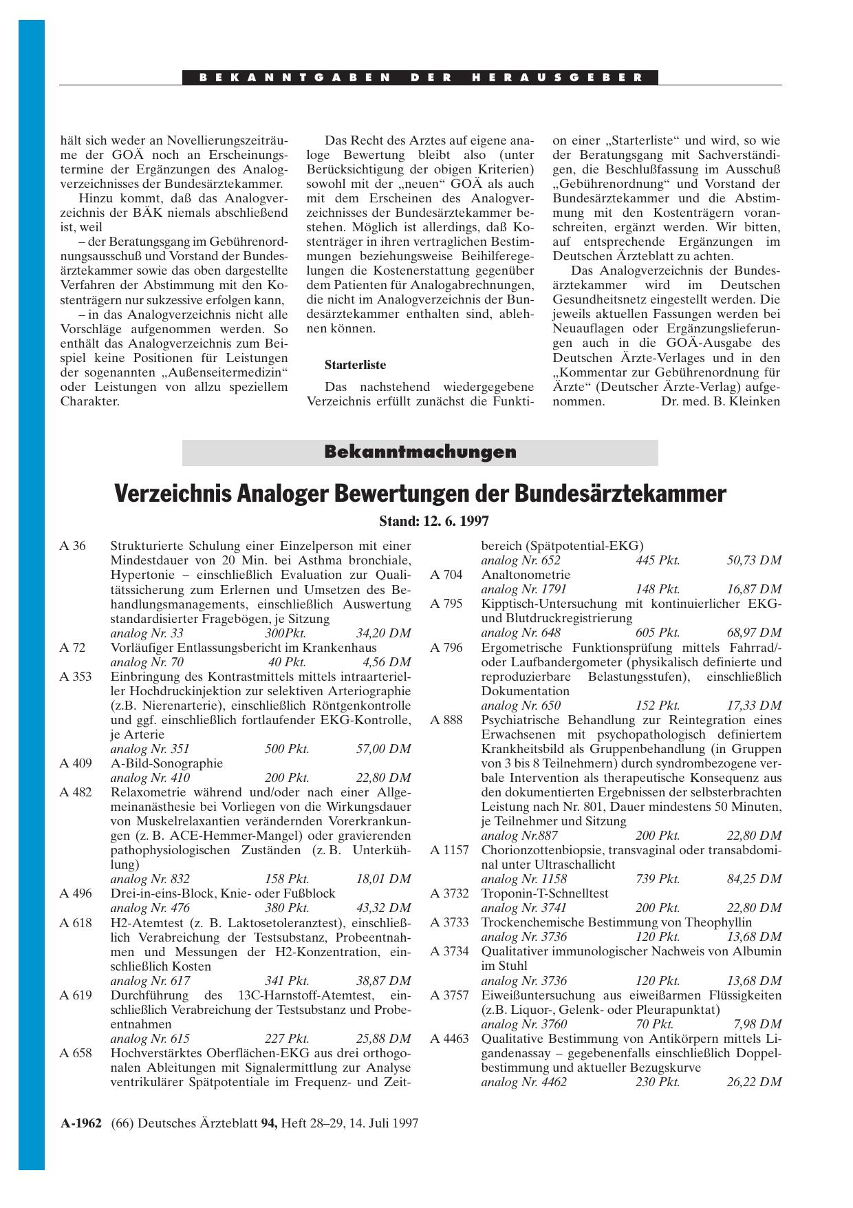 Vorschauseite 1: Bekanntmachungen – Verzeichnis Analoger Bewertungen der Bundesärztekammer Stand: 12. 6. 1997