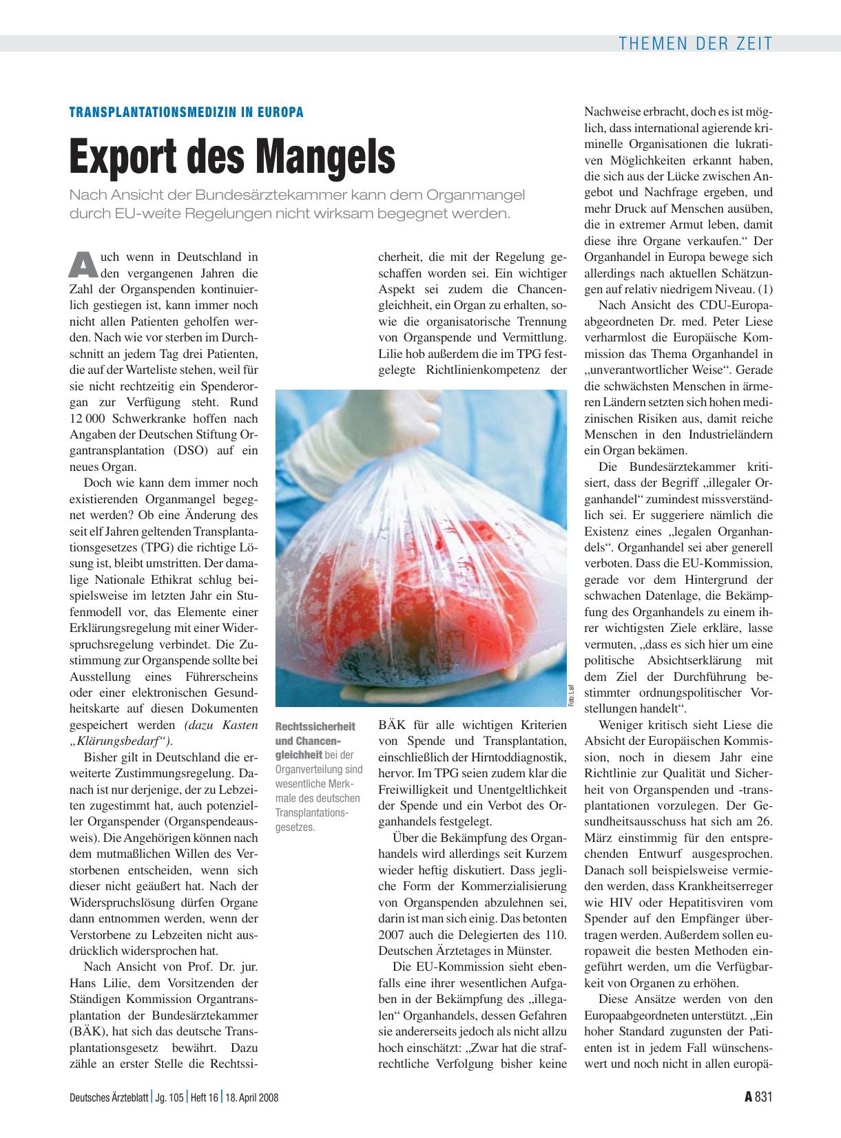 Vorschauseite 1: Transplantationsmedizin in Europa: Export des Mangels