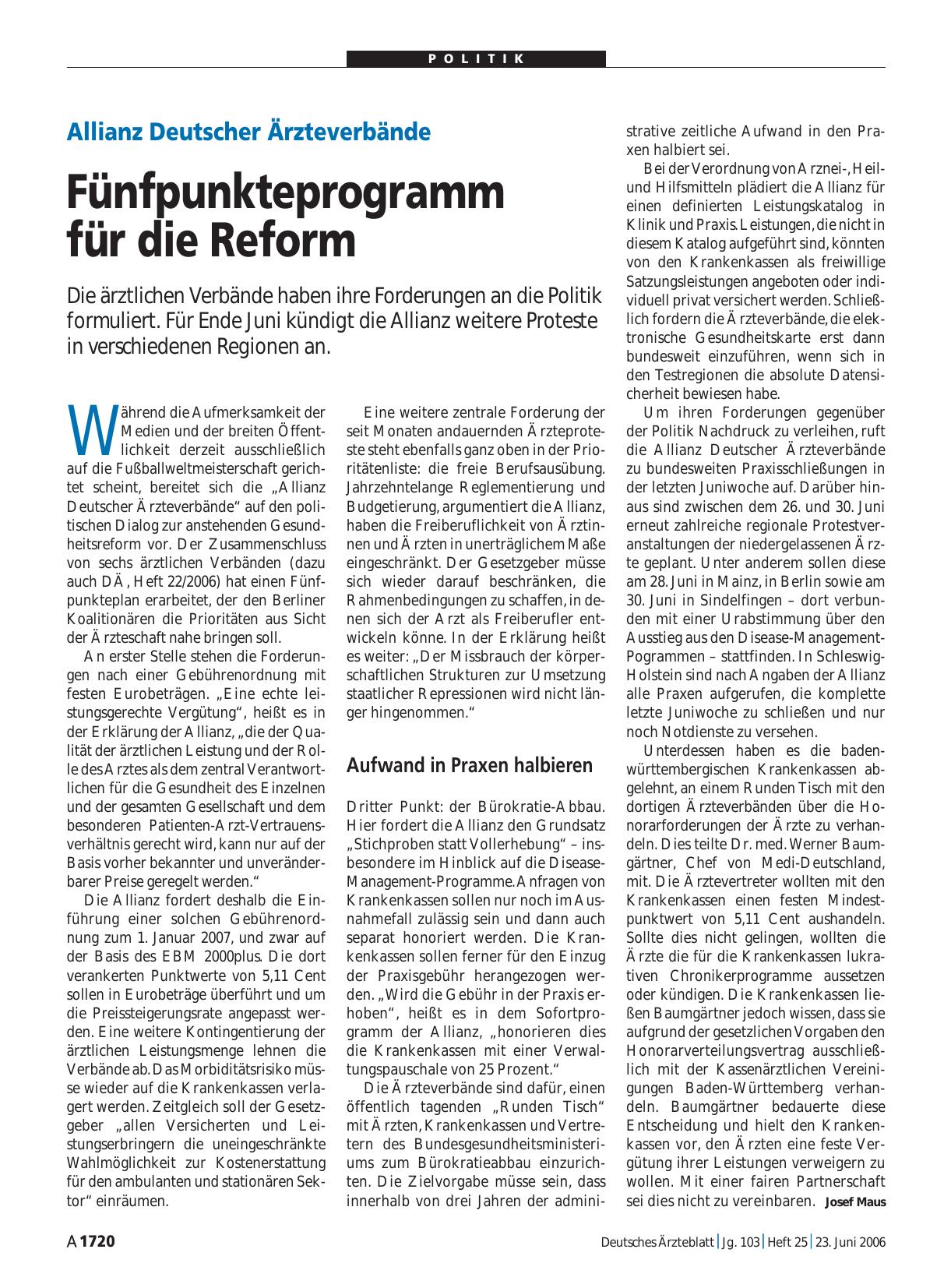 Vorschauseite 1: Allianz Deutscher Ärzteverbände: Fünfpunkteprogramm für die Reform