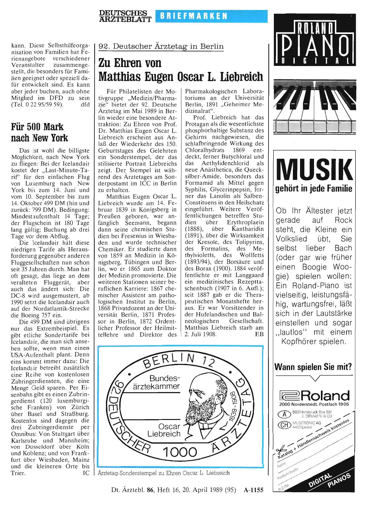 Vorschauseite 1: 92. Deutscher Ärztetag in Berlin: Zu Ehren von Matthias Eugen Oscar L. Liebreich