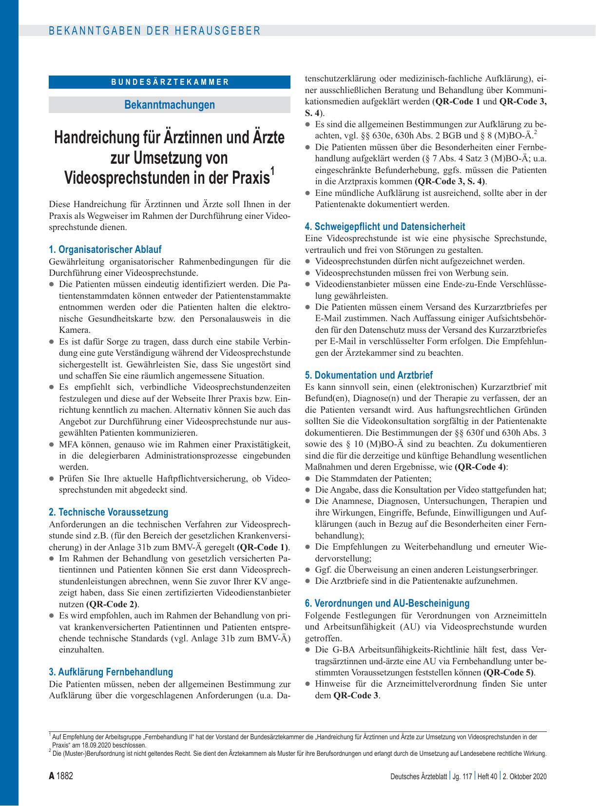 Vorschauseite 1: Handreichung für Ärztinnen und Ärzte zur Umsetzung von Videosprechstunden in der Praxis