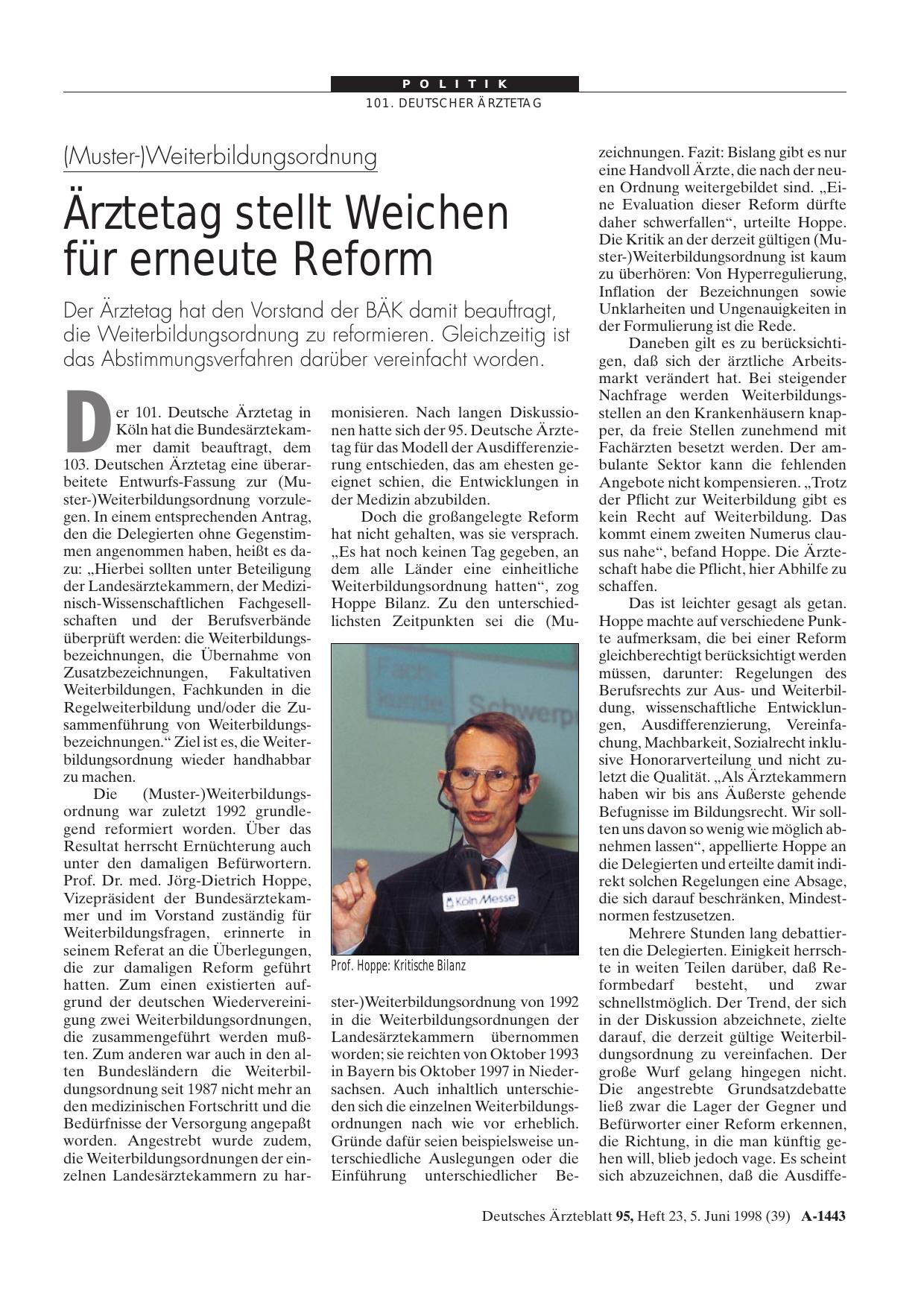 Vorschauseite 1: (Muster-)Weiterbildungsordnung: Ärztetag stellt Weichen für erneute Reform