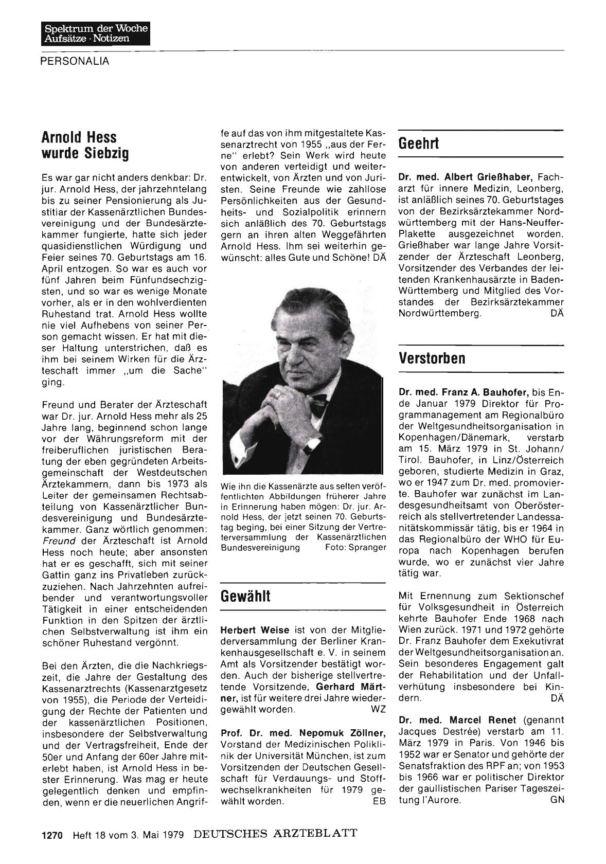 Vorschauseite 1: Arnold Hess wurde Siebzig