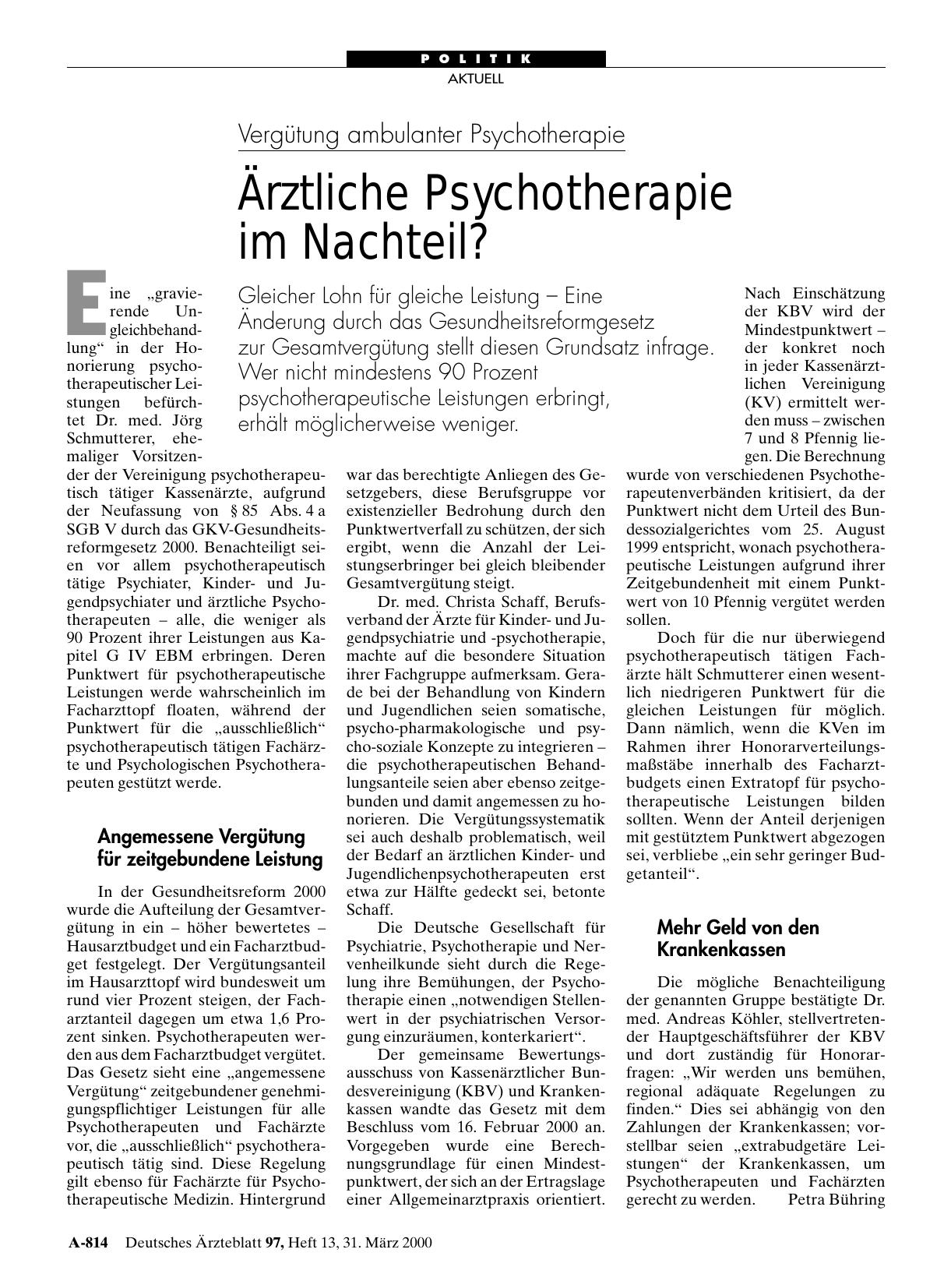 Vorschauseite 1: Vergütung ambulanter Psychotherapie: Ärztliche Psychotherapie im Nachteil?