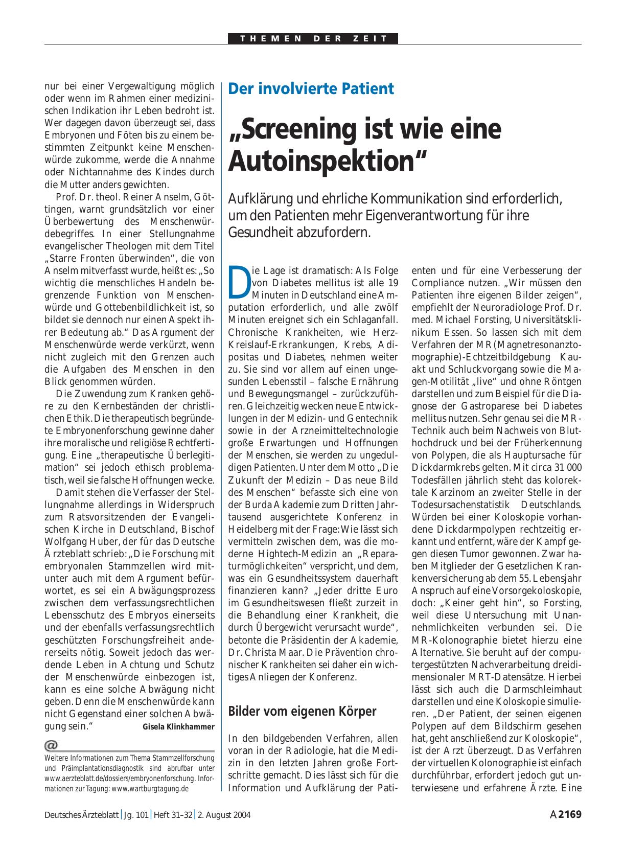 Vorschauseite 1: Der involvierte Patient: „Screening ist wie eine Autoinspektion“
