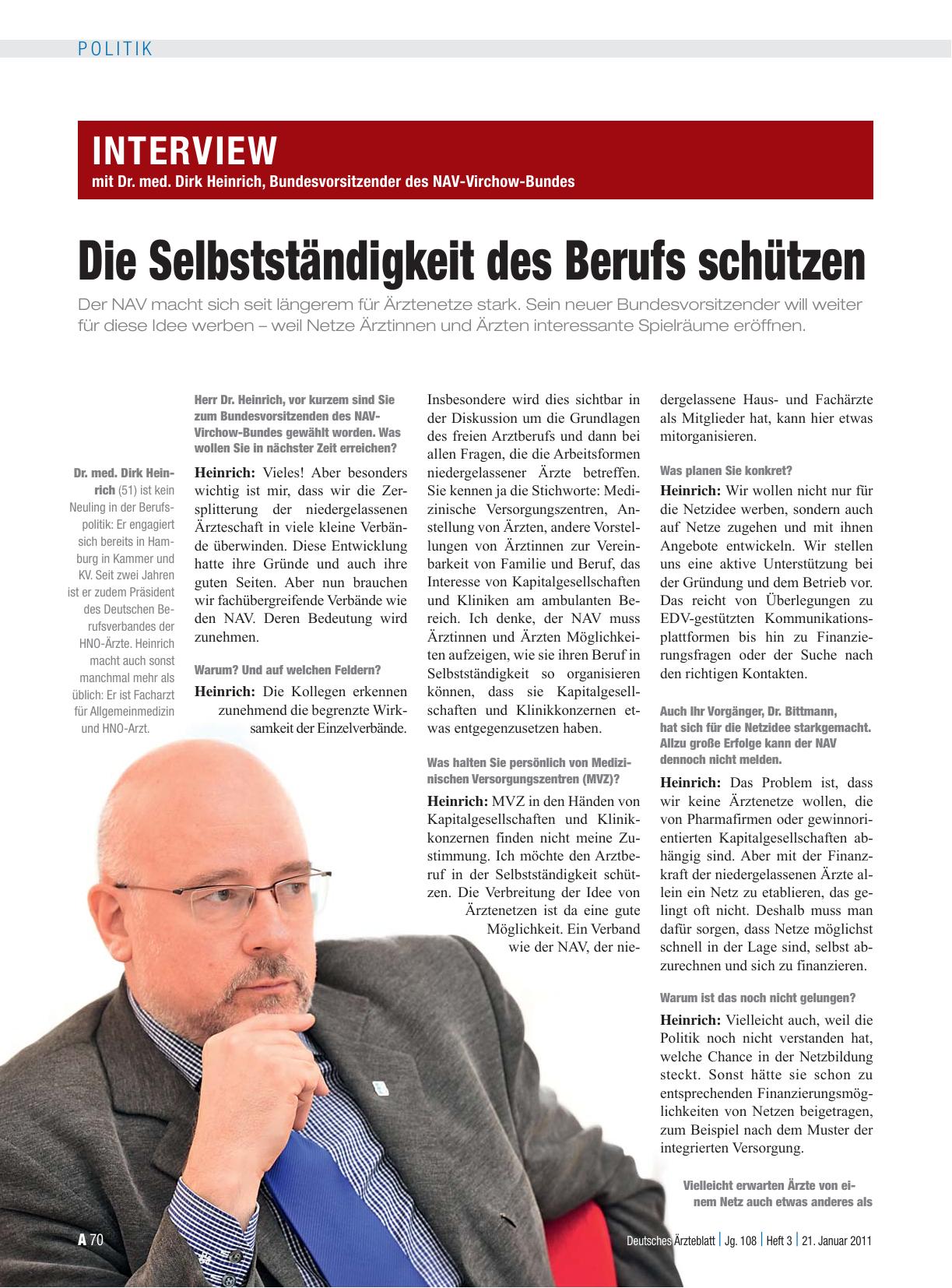 Vorschauseite 1: Interview mit Dr. med. Dirk Heinrich, Bundesvorsitzender des NAV-Virchow-Bundes: Die Selbstständigkeit des Berufs schützen