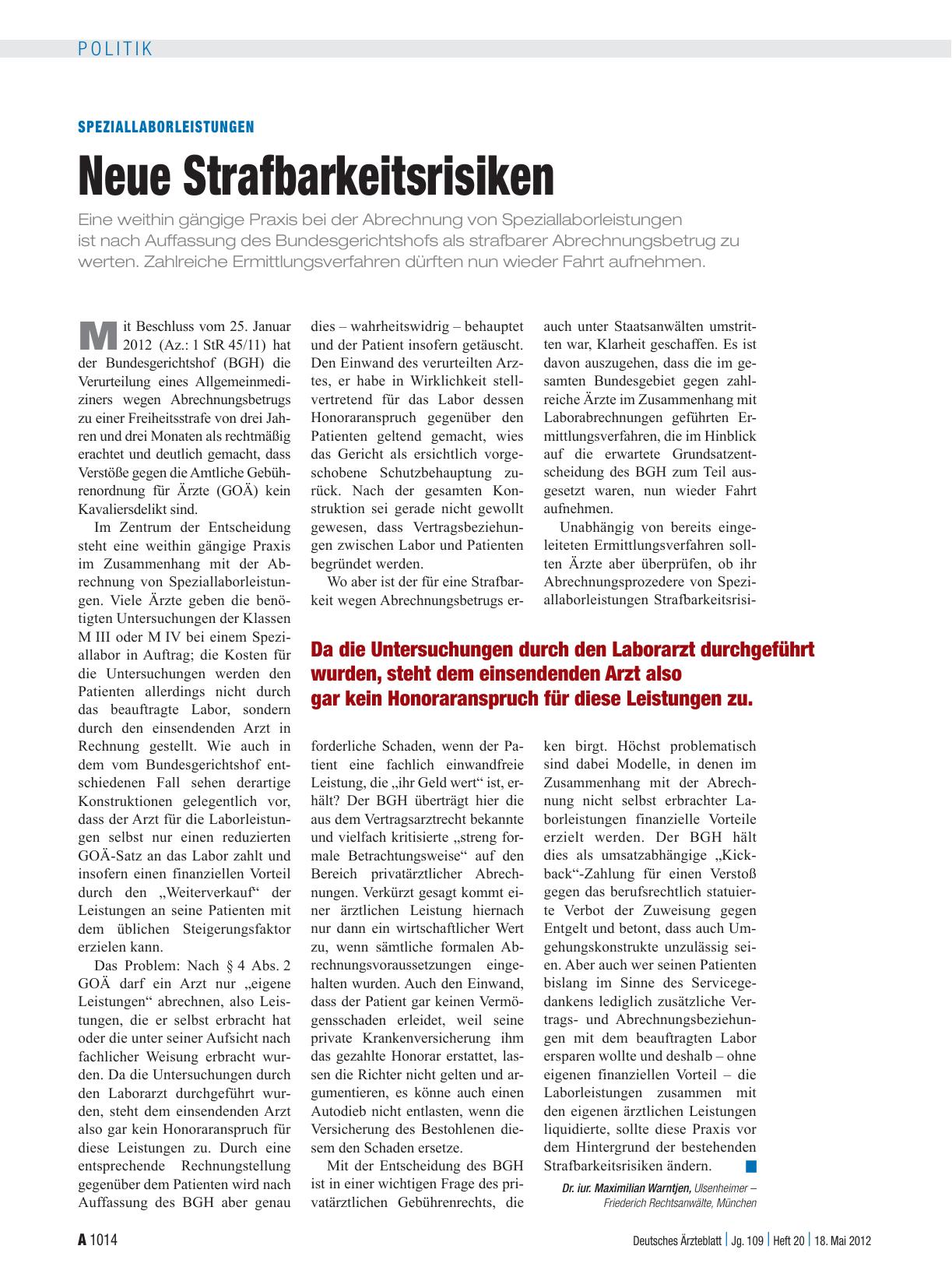 Vorschauseite 1: Speziallaborleistungen: Neue Strafbarkeitsrisiken
