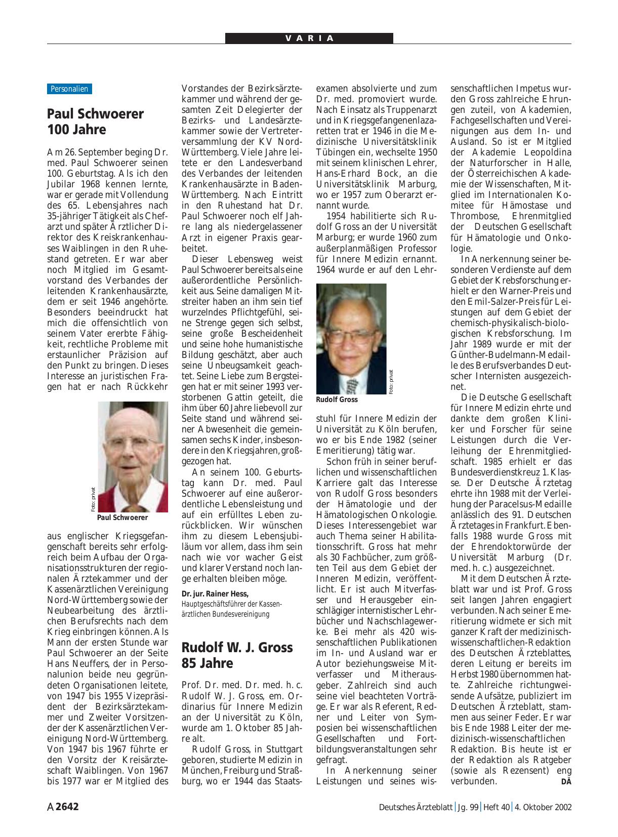 Vorschauseite 1: Rudolf W. J. Gross 85 Jahre