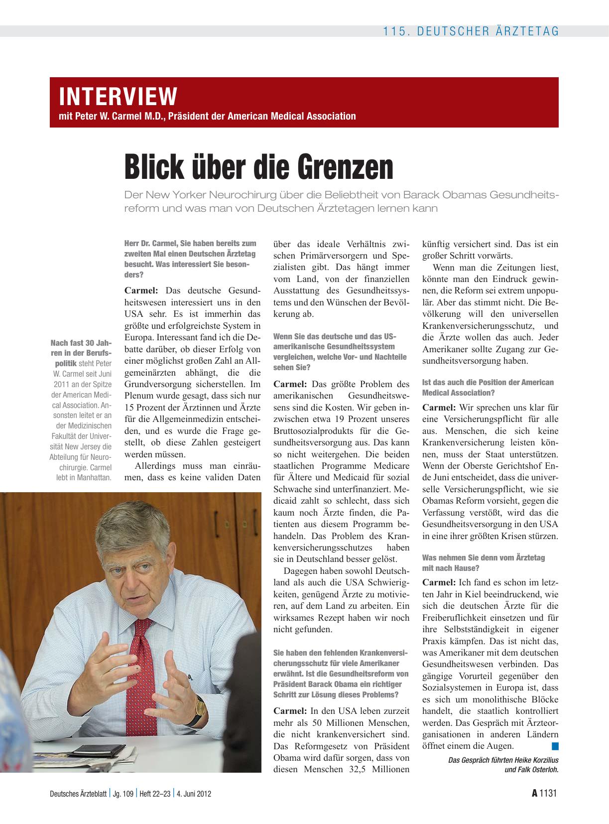 Vorschauseite 1: Interview mit Peter W. Carmel M.D., Präsident der American Medical Association: Blick über die Grenzen