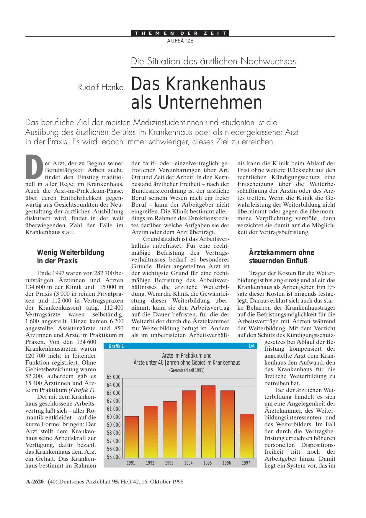 Vorschauseite 1: Die Situation des ärztlichen Nachwuchses: Das Krankenhaus als Unternehmen