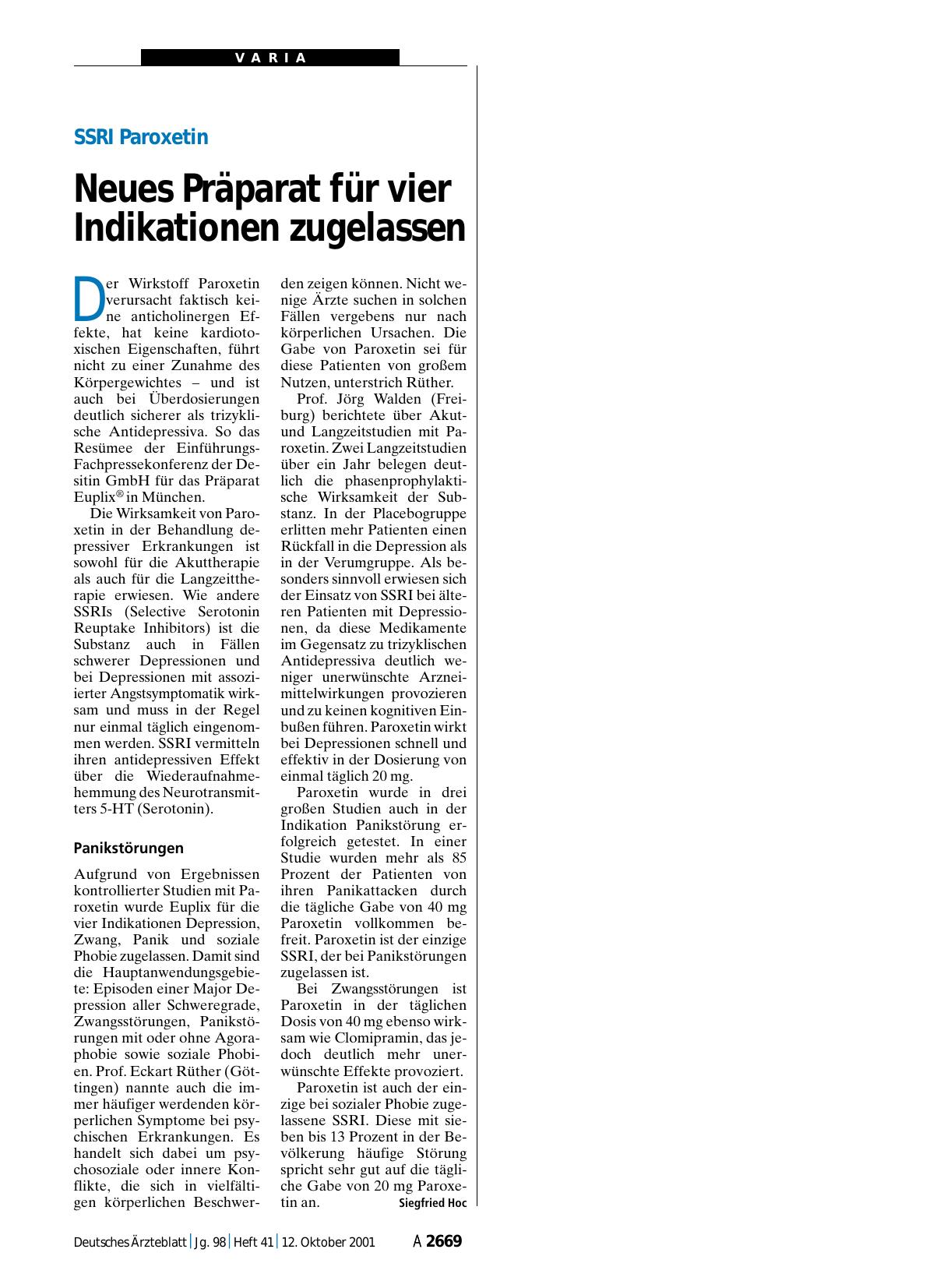 Vorschauseite 1: SSRI Paroxetin: Neues Präparat für vier Indikationen zugelassen