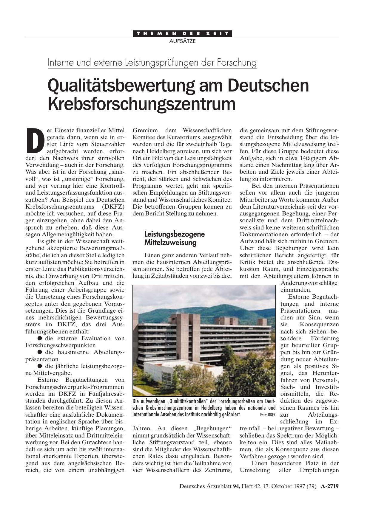 Vorschauseite 1: Interne und externe Leistungsprüfungen der Forschung: Qualitätsbewertung am Deutschen Krebsforschungszentrum