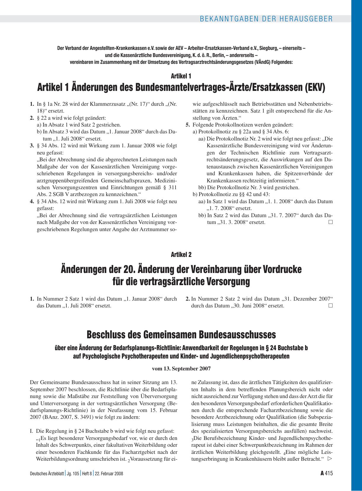 Vorschauseite 1: Beschluss des Gemeinsamen Bundesausschusses über eine Änderung der Bedarfsplanungs-Richtlinie: Anwendbarkeit der Regelungen in § 24 Buchstabe b auf Psychologische Psychotherapeute…