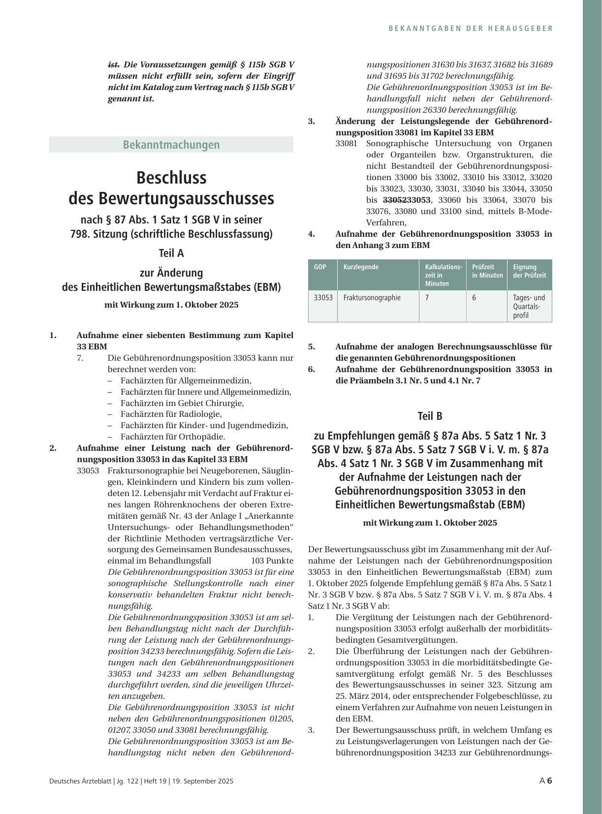 Vorschauseite 1: Beschluss des Bewertungsausschusses nach § 87 Abs. 1 Satz 1 SGB V in seiner 798. Sitzung (schriftliche Beschlussfassung)