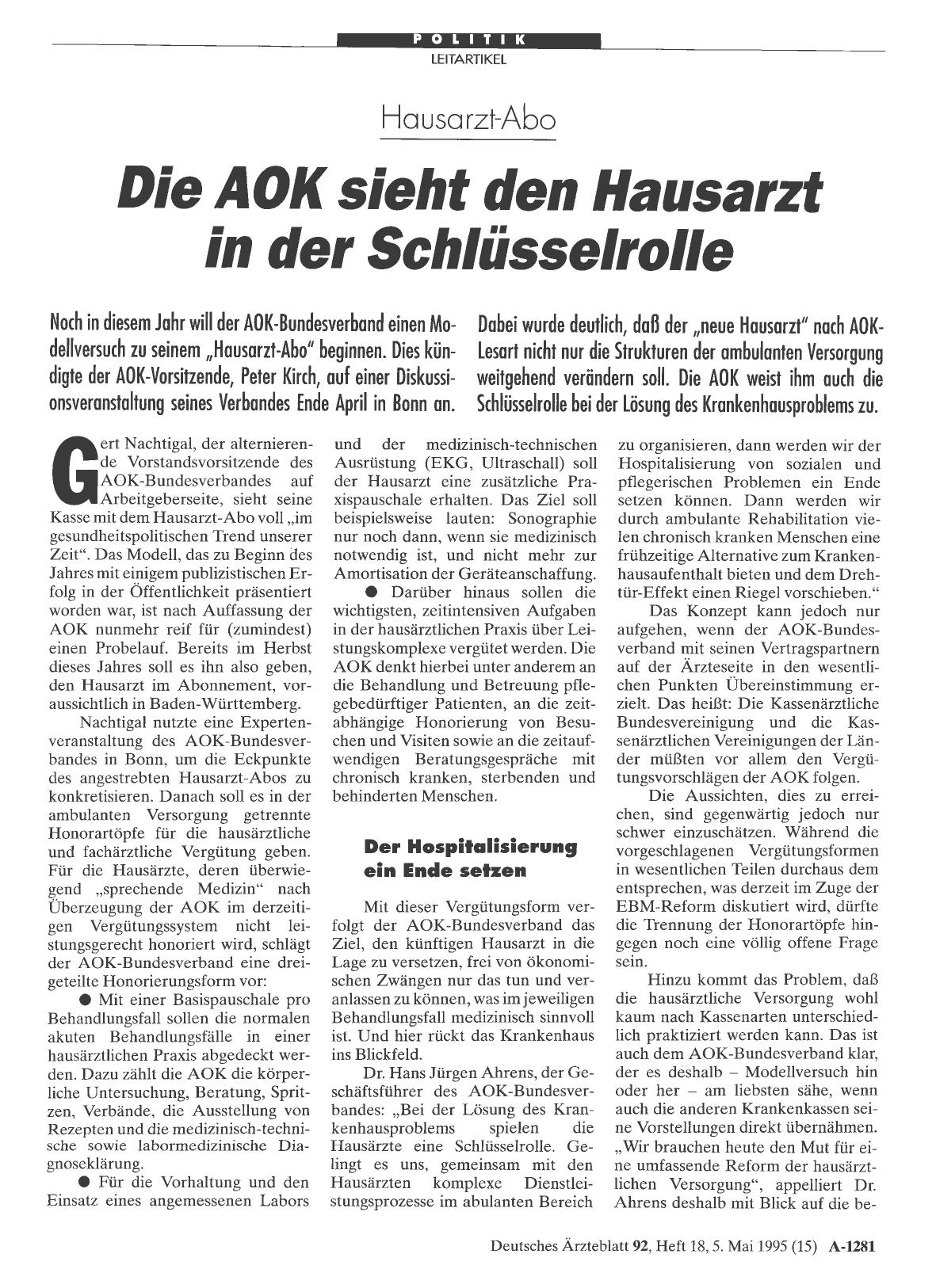 Vorschauseite 1: Hausarzt-Abo: Die AOK sieht den Hausarzt in der Schlüsselrolle