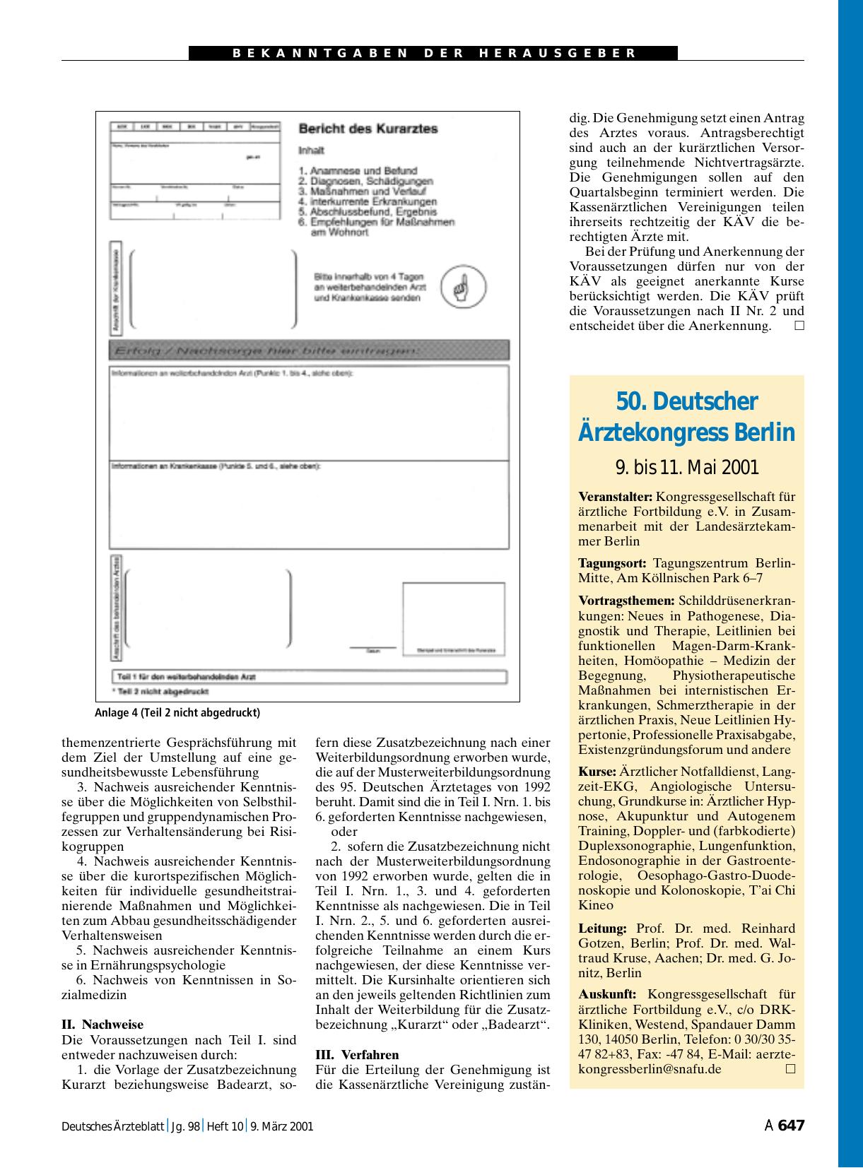 Vorschauseite 1: 50. Deutscher Ärztekongress Berlin – 9. bis 11. Mai 2001
