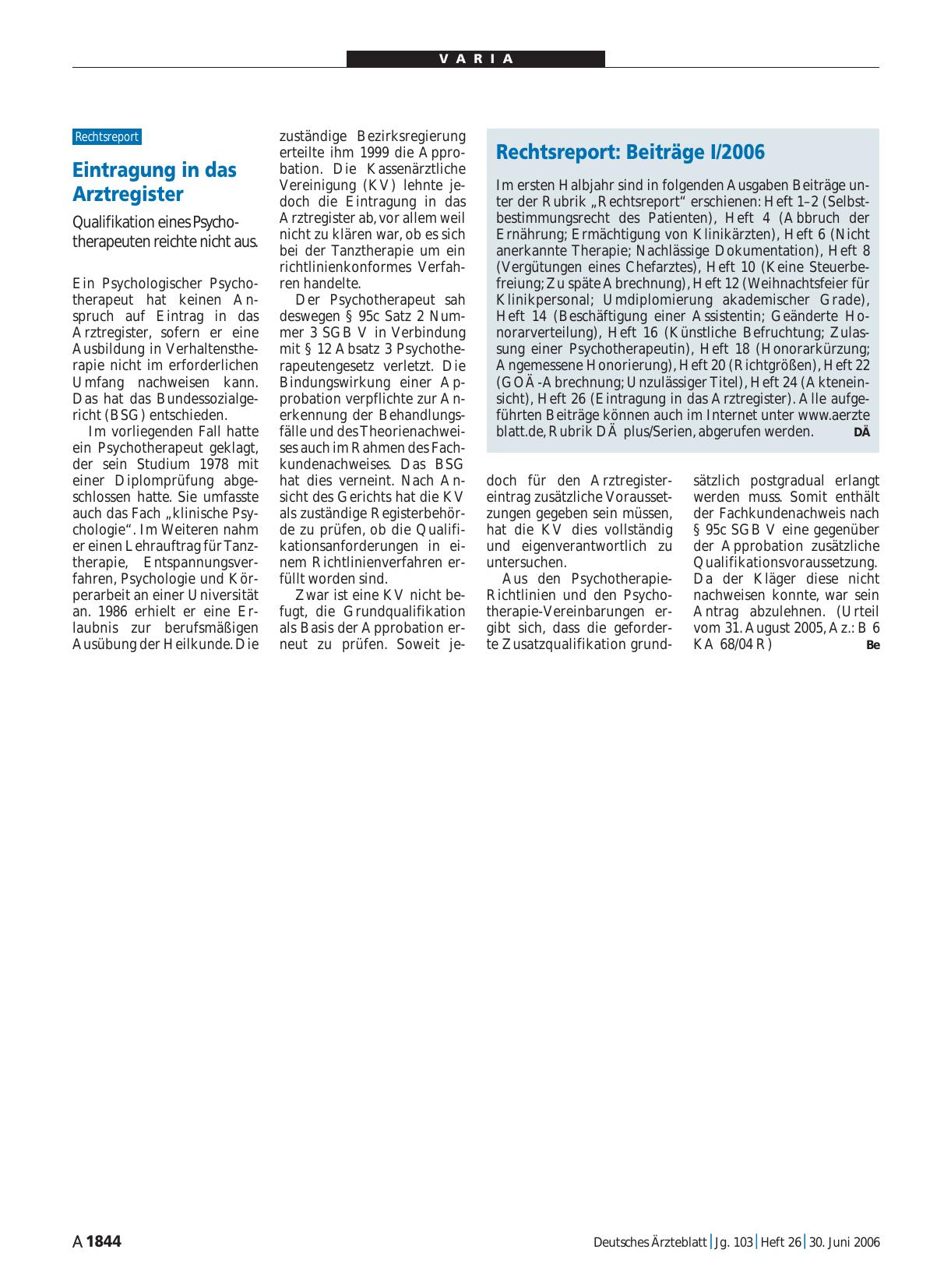 Vorschauseite 1: Eintragung in das Arztregister: Qualifikation eines Psychotherapeuten reichte nicht aus
