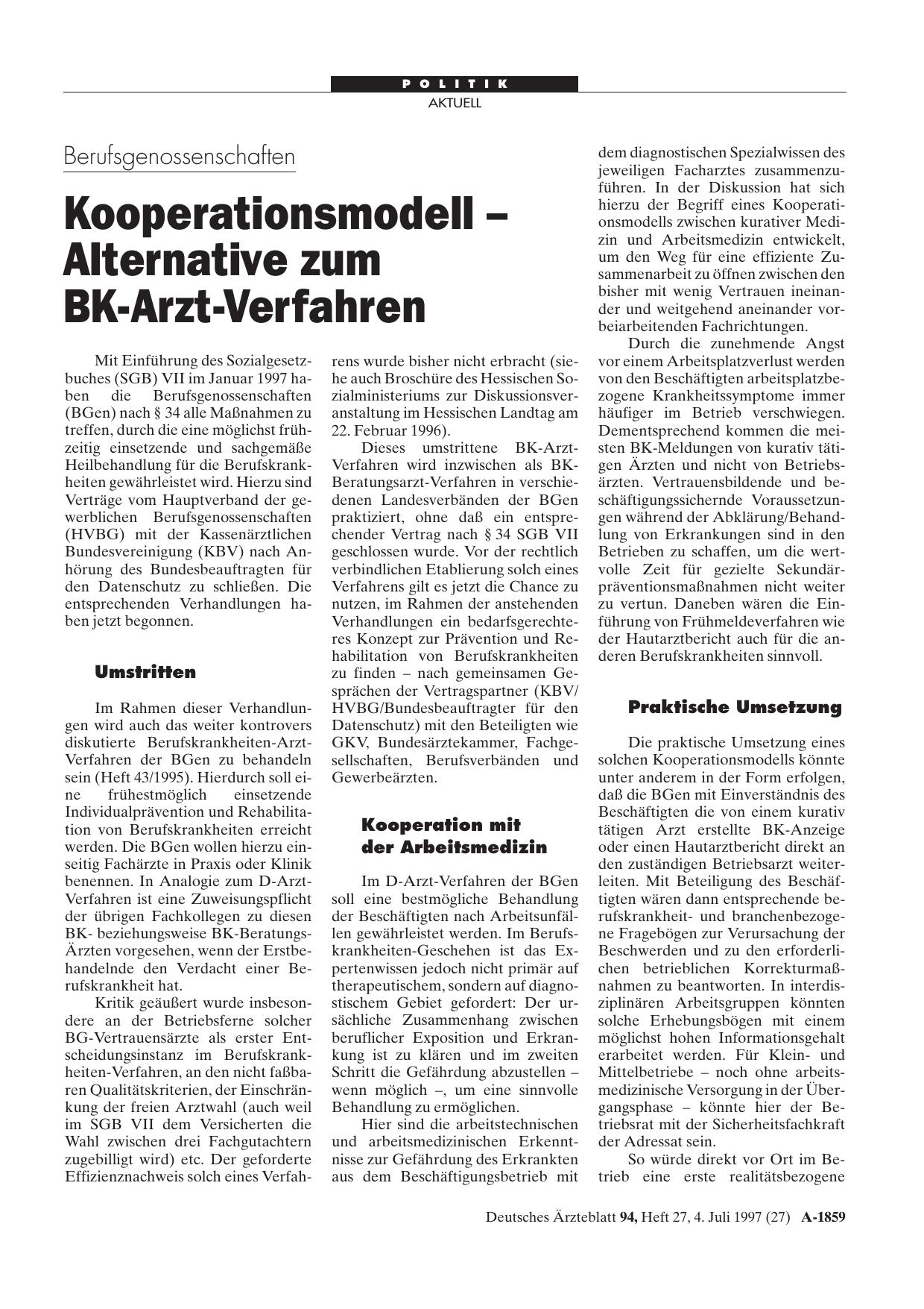 Vorschauseite 1: Berufsgenossenschaften: Kooperationsmodell -Alternative zum BK-Arzt-Verfahren