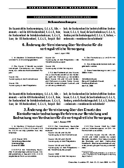 Vorschauseite 1: 3. Änderung der Vereinbarung über den Einsatz des Blankoformularbedruckungs-Verfahrens zur Herstellung und Bedruckung von Vordrucken für die vertragsärztliche Versorgung vom 1. Ja…