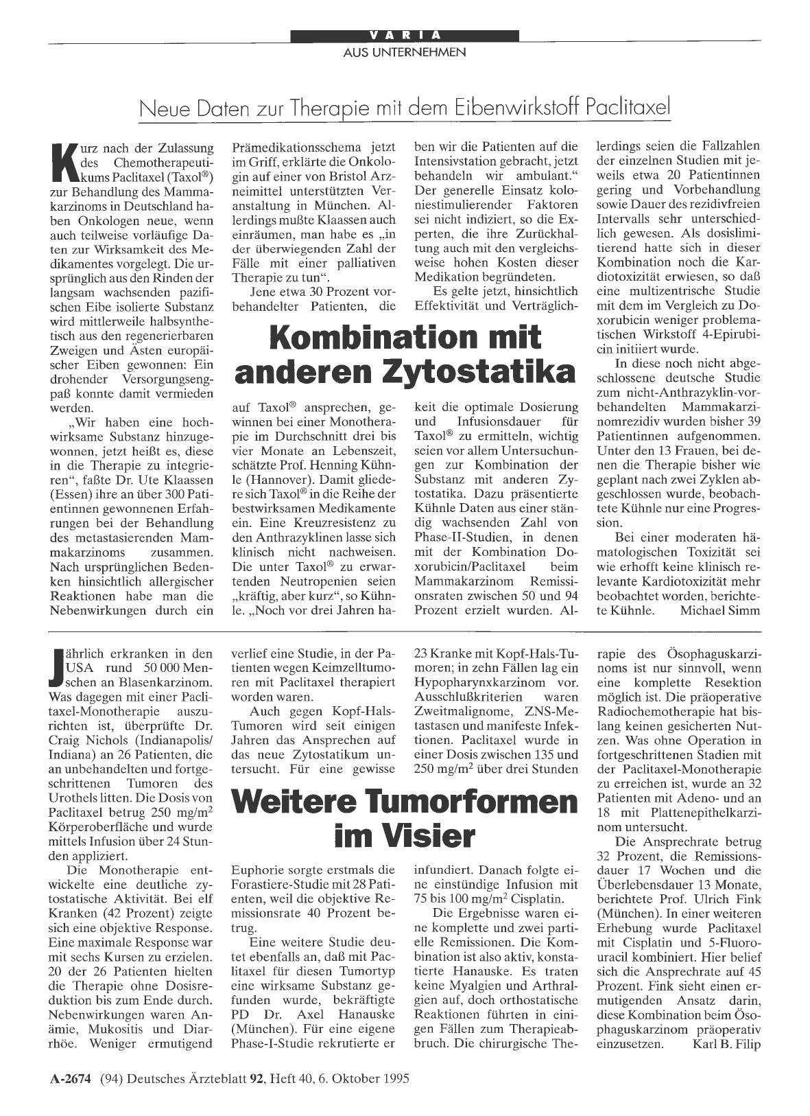 Vorschauseite 1: Neue Daten zur Therapie mit dem Eibenwirkstoff Paclitaxel: Kombination mit anderen Zytostatika