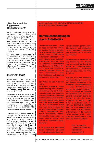 Vorschauseite 1: Bekanntgabe der Arzneimittelkommission der deutschen Ärzteschaft: Hornhautschädigungen durch Anästhetika