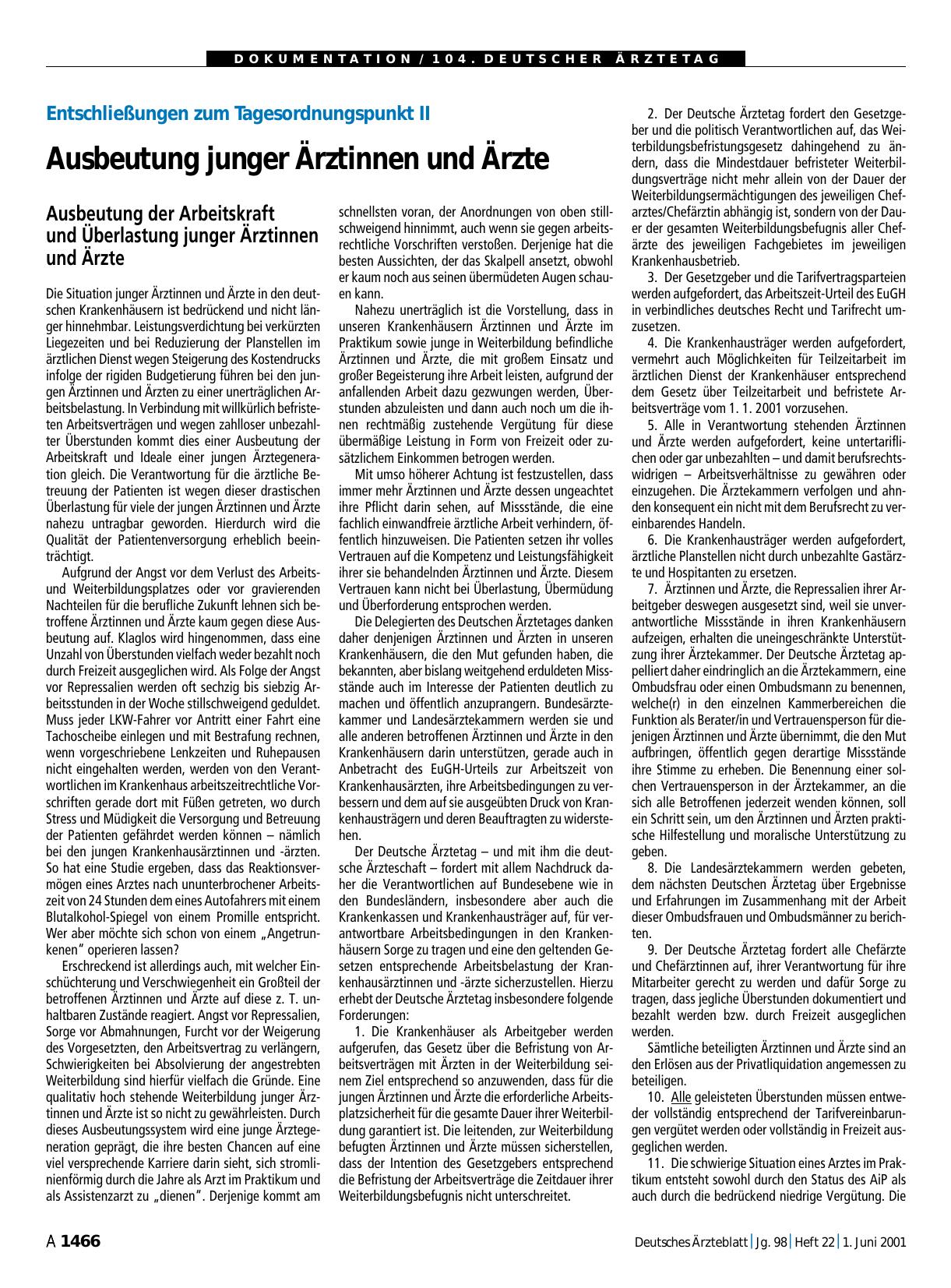 Vorschauseite 1: Entschließungen zum Tagesordnungspunkt II: Ausbeutung junger Ärztinnen und Ärzte