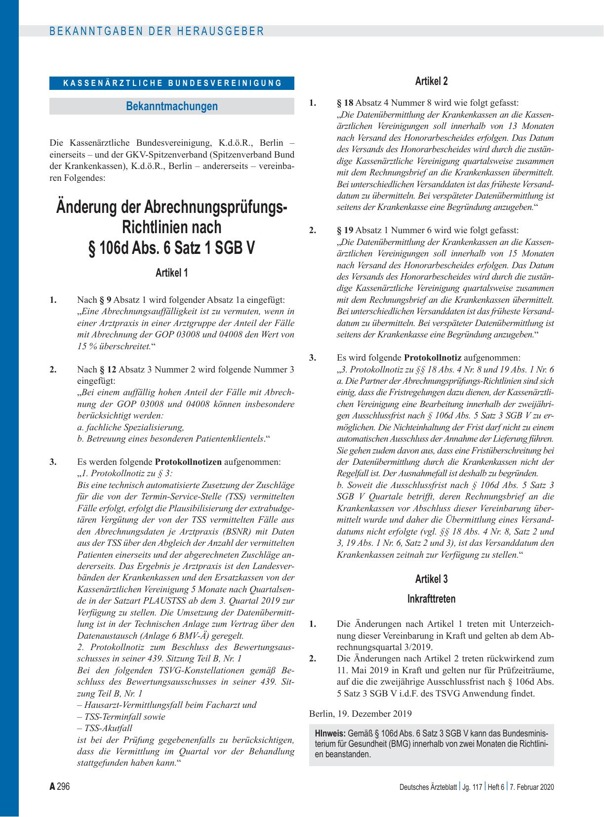 Vorschauseite 1: Änderung der Abrechnungsprüfungs-Richtlinien nach § 106d Abs. 6 Satz 1 SGB V: Artikel 1, Artikel 2, Artikel 3, Inkrafttreten