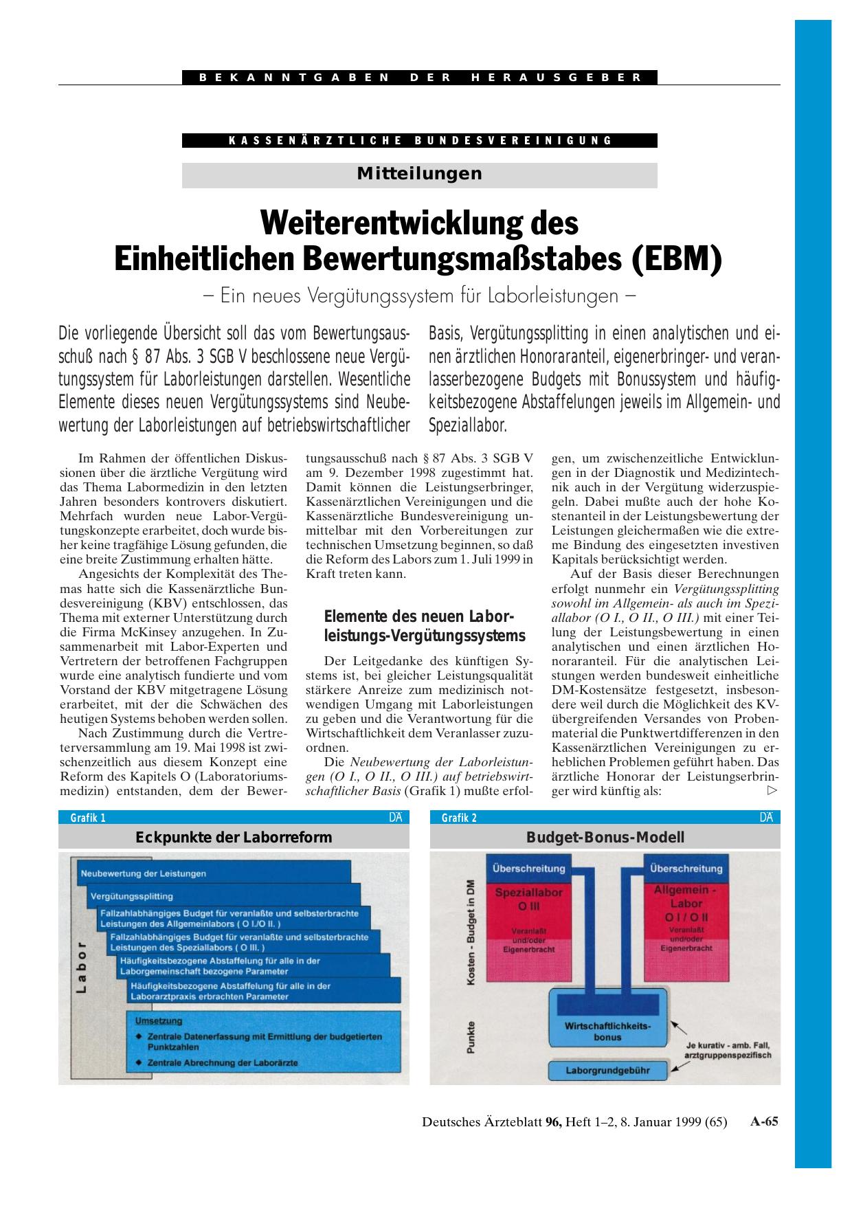 Vorschauseite 1: Weiterentwicklung des Einheitlichen Bewertungsmaßstabes (EBM) - Ein neues Vergütungssystem für: Laborleistungen -