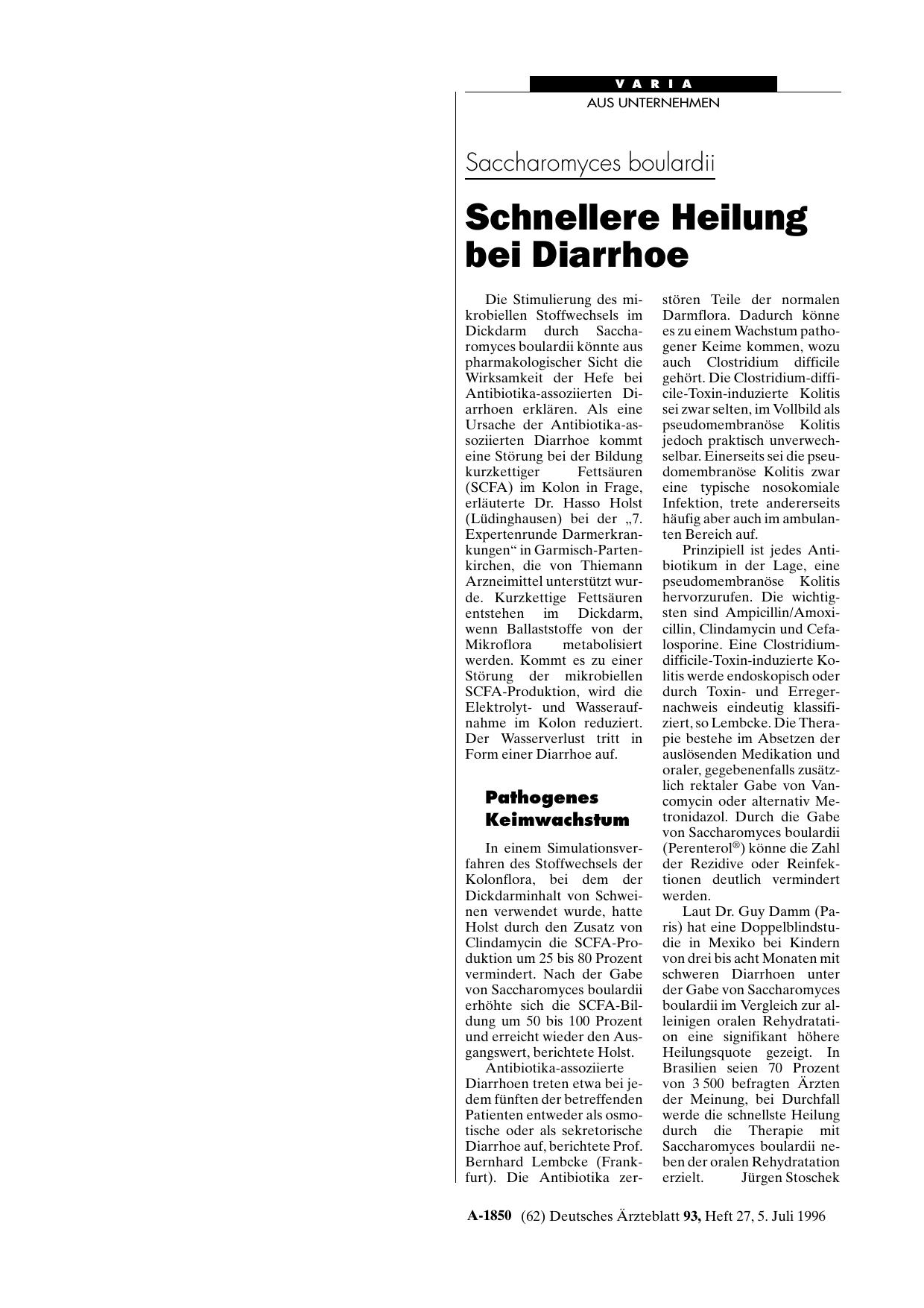 Vorschauseite 1: Saccharomyces boulardii: Schnellere Heilung bei Diarrhoe