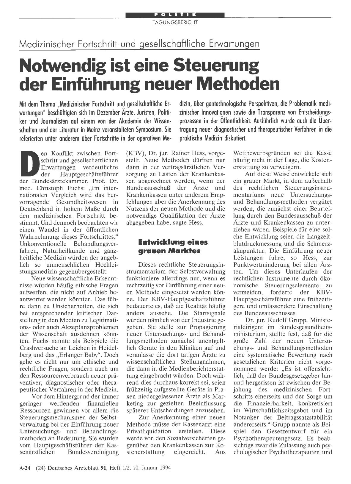 Vorschauseite 1: Medizinischer Fortschritt und gesellschaftliche Erwartungen: Notwendig ist eine Steuerung der Einführung neuer Methoden