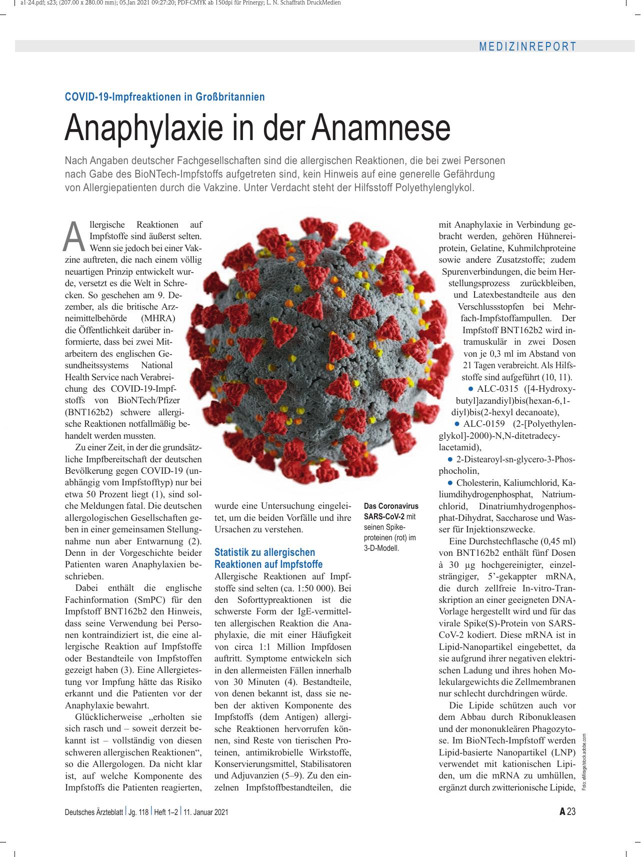 Vorschauseite 1: COVID-19-Impfreaktionen in Großbritannien: Anaphylaxie in der Anamnese