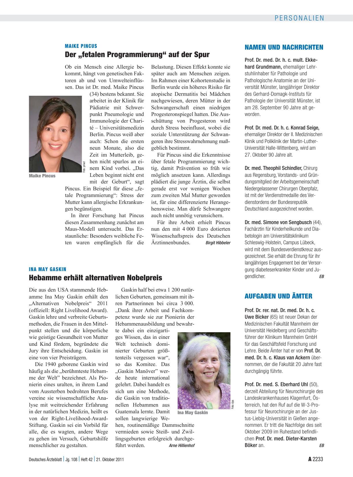 Vorschauseite 1: Ina May Gaskin: Hebamme erhält alternativen Nobelpreis