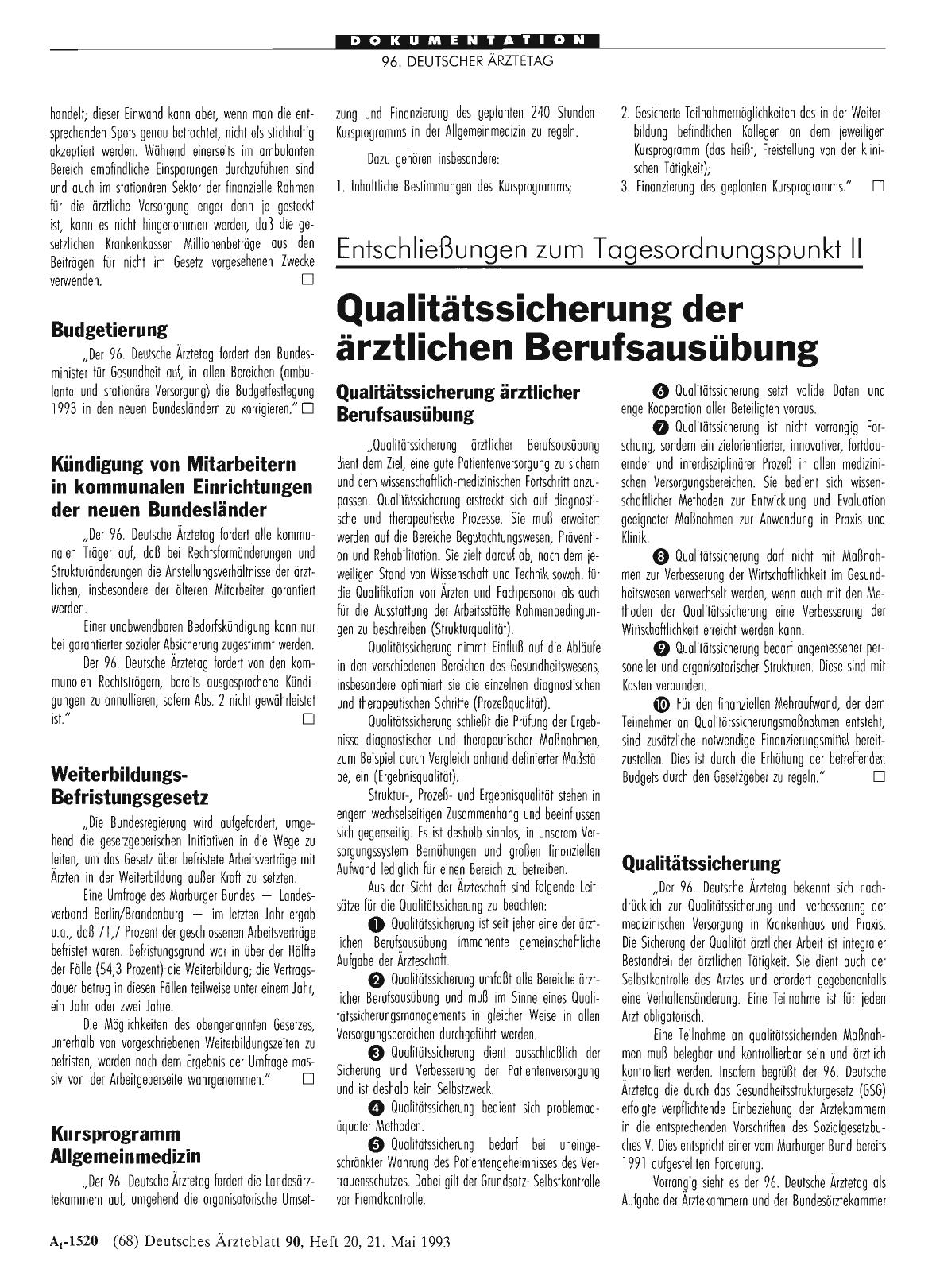 Vorschauseite 1: Entschließungen zum Tagesordnungspunkt II: Qualitätssicherung der ärztlichen Berufsausübung