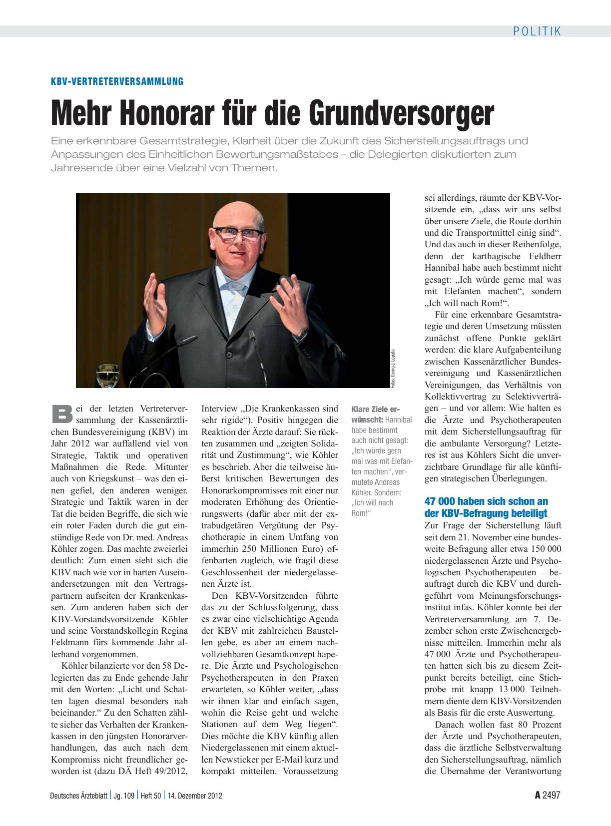 Vorschauseite 1: KBV-Vertreterversammlung: Mehr Honorar für die Grundversorger