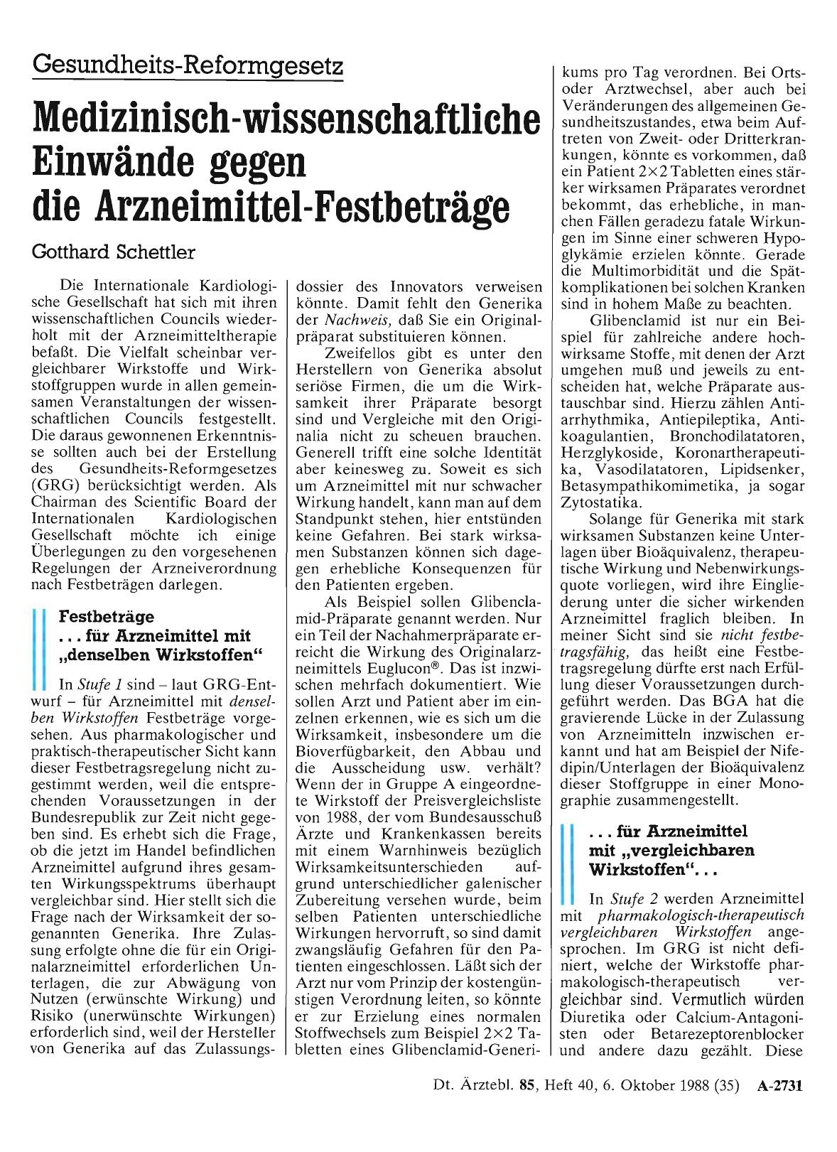 Vorschauseite 1: Gesundheits-Reformgesetz: Medizinisch-wissenschaftliche Einwände gegen die Arzneimittel-Festbeträge