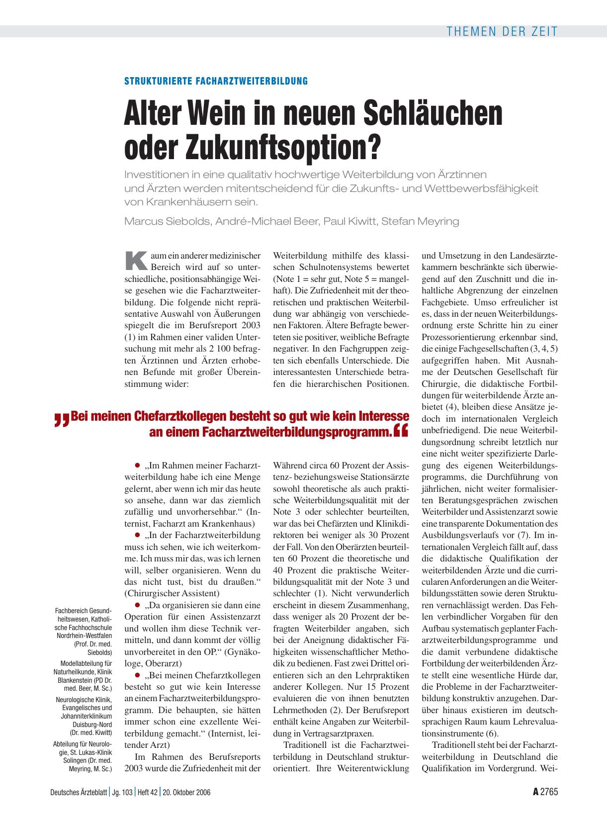 Vorschauseite 1: Strukturierte Facharztweiterbildung: Alter Wein in neuen Schläuchen oder Zukunftsoption?