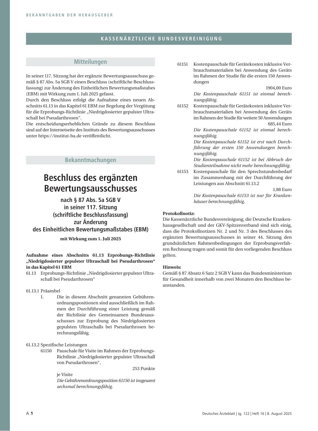 Vorschauseite 1: Beschluss des ergänzten Bewertungsausschusses nach § 87 Abs. 5a SGB V in seiner 117. Sitzung (schriftliche Beschlussfassung) zur Änderung des Einheitlichen Bewertungsmaßstabes (EB…