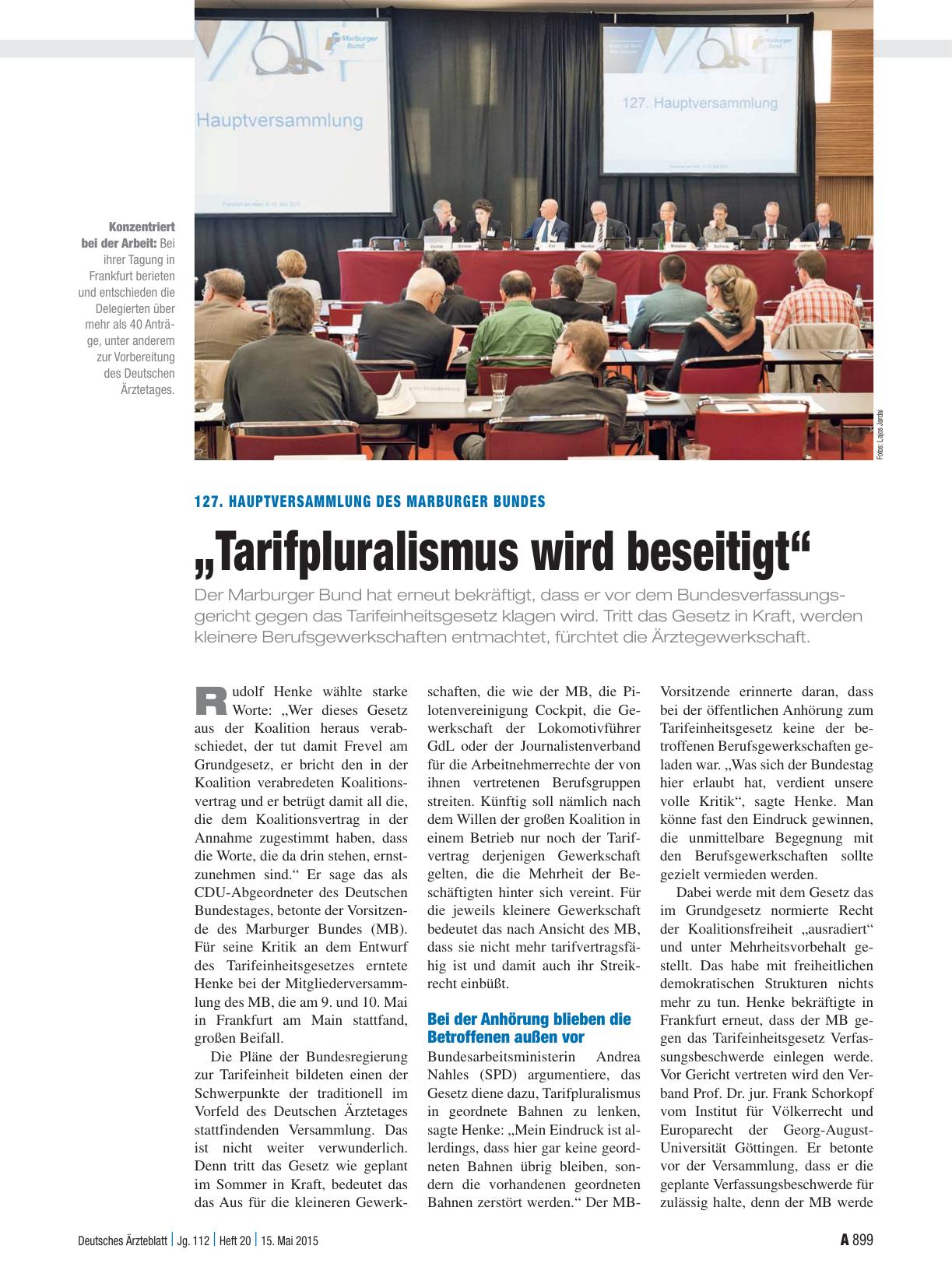 Vorschauseite 1: 127. Hauptversammlung des Marburger Bundes: „Tarifpluralismus wird beseitigt“