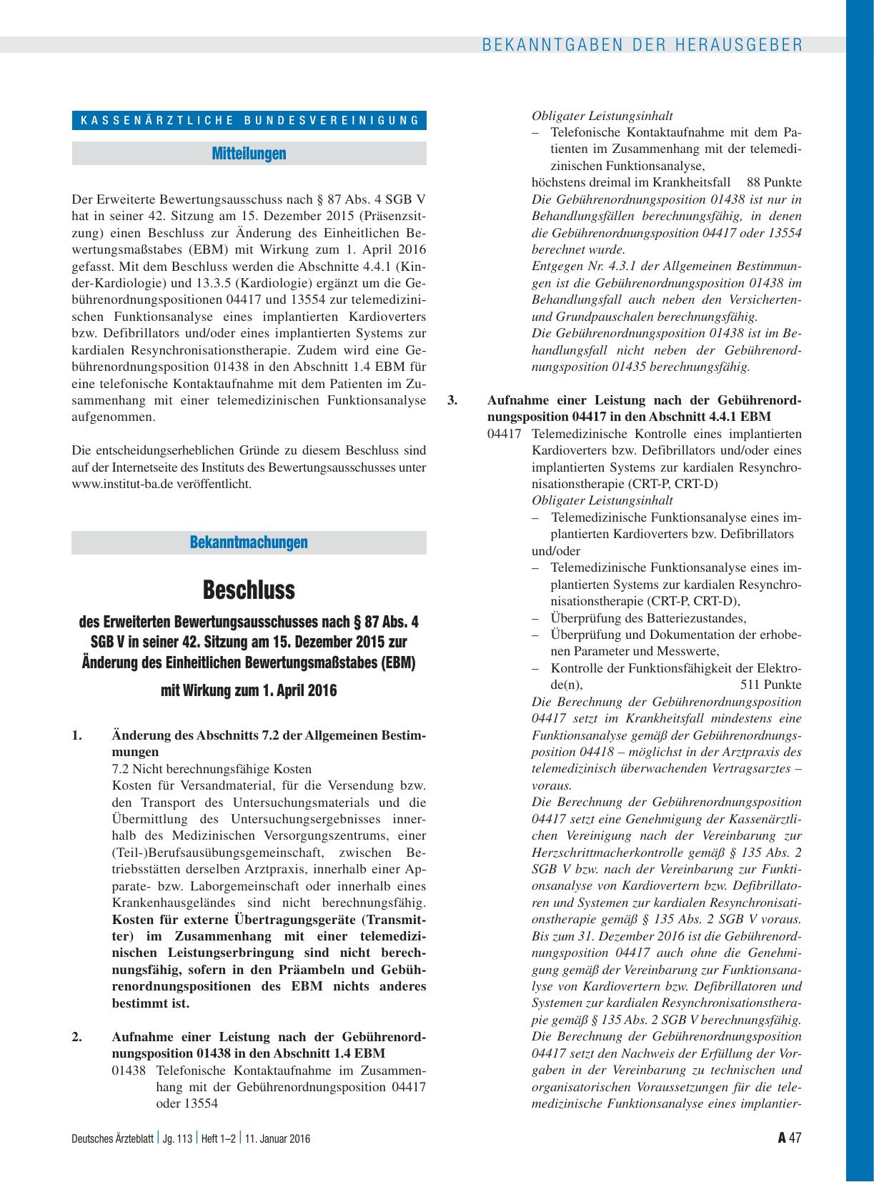 Vorschauseite 1: Beschluss des Erweiterten Bewertungsausschusses nach § 87 Abs. 4 SGB V in seiner 42. Sitzung am 15. Dezember 2015 zur Änderung des Einheitlichen Bewertungsmaßstabes (EBM) mit Wirk…