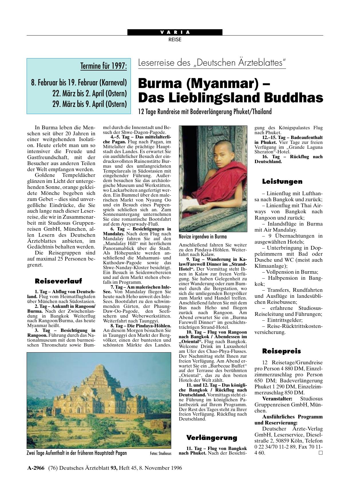Vorschauseite 1: Leserreise des „Deutschen Ärzteblattes“: Burma (Myanmar) – Das Lieblingsland Buddhas 12 Tage Rundreise mit Badeverlängerung Phuket/Thailand