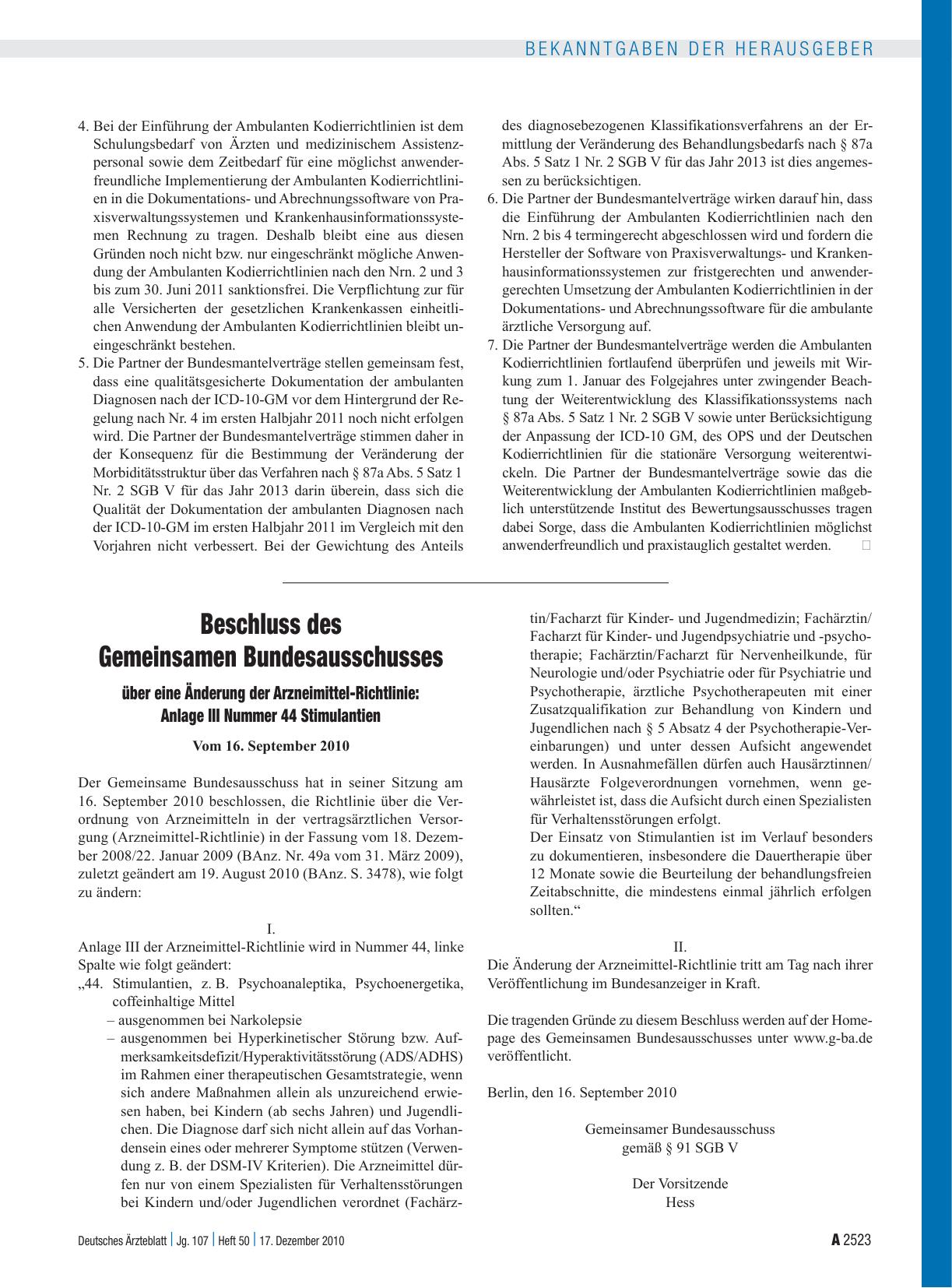Vorschauseite 1: Beschluss des Gemeinsamen Bundesausschusses über eine Änderung der Arzneimittel-Richtlinie: Anlage III Nummer 44 Stimulantien