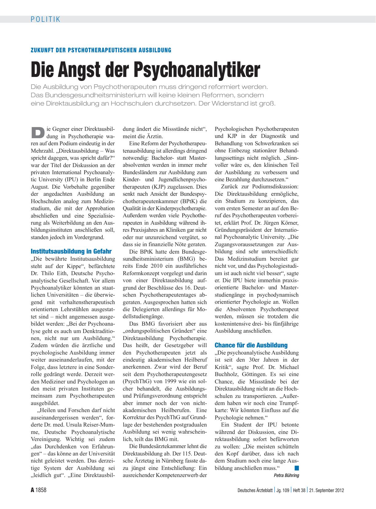 Vorschauseite 1: Zukunft der psychotherapeutischen Ausbildung: Die Angst der Psychoanalytiker