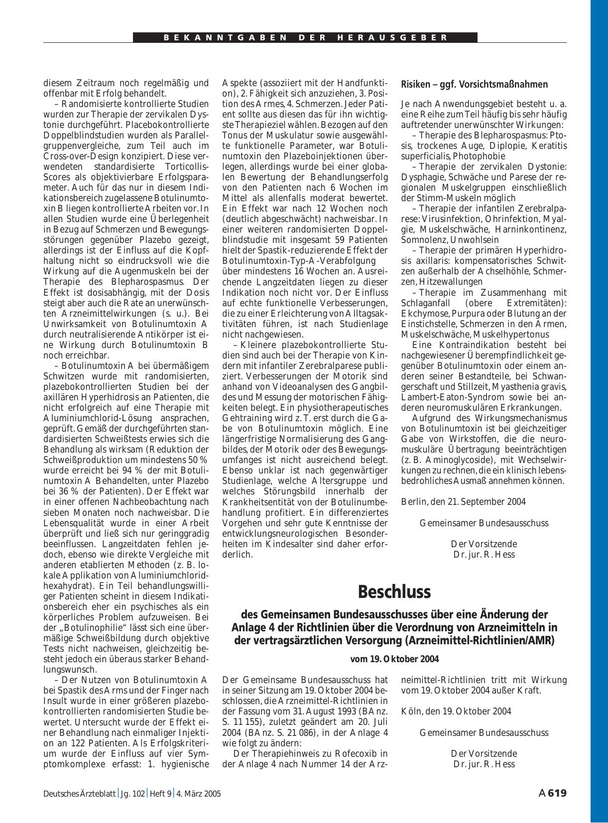 Vorschauseite 1: Beschluss des Gemeinsamen Bundesausschusses über eine Änderung der Anlage 4 der Richtlinien über die Verordnung von Arzneimitteln in der vertragsärztlichen Versorgung (Arzneimitte…