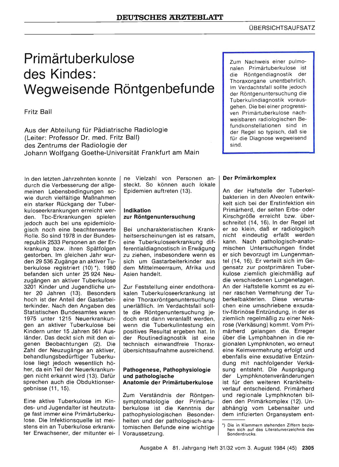 Vorschauseite 1: Primärtuberkulose des Kindes: Wegweisende Röntgenbefunde