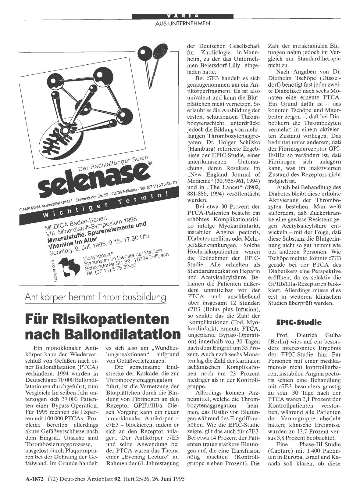 Vorschauseite 1: Antikörper hemmt Thrombusbildung: Für Risikopatienten nach Ballondilatation